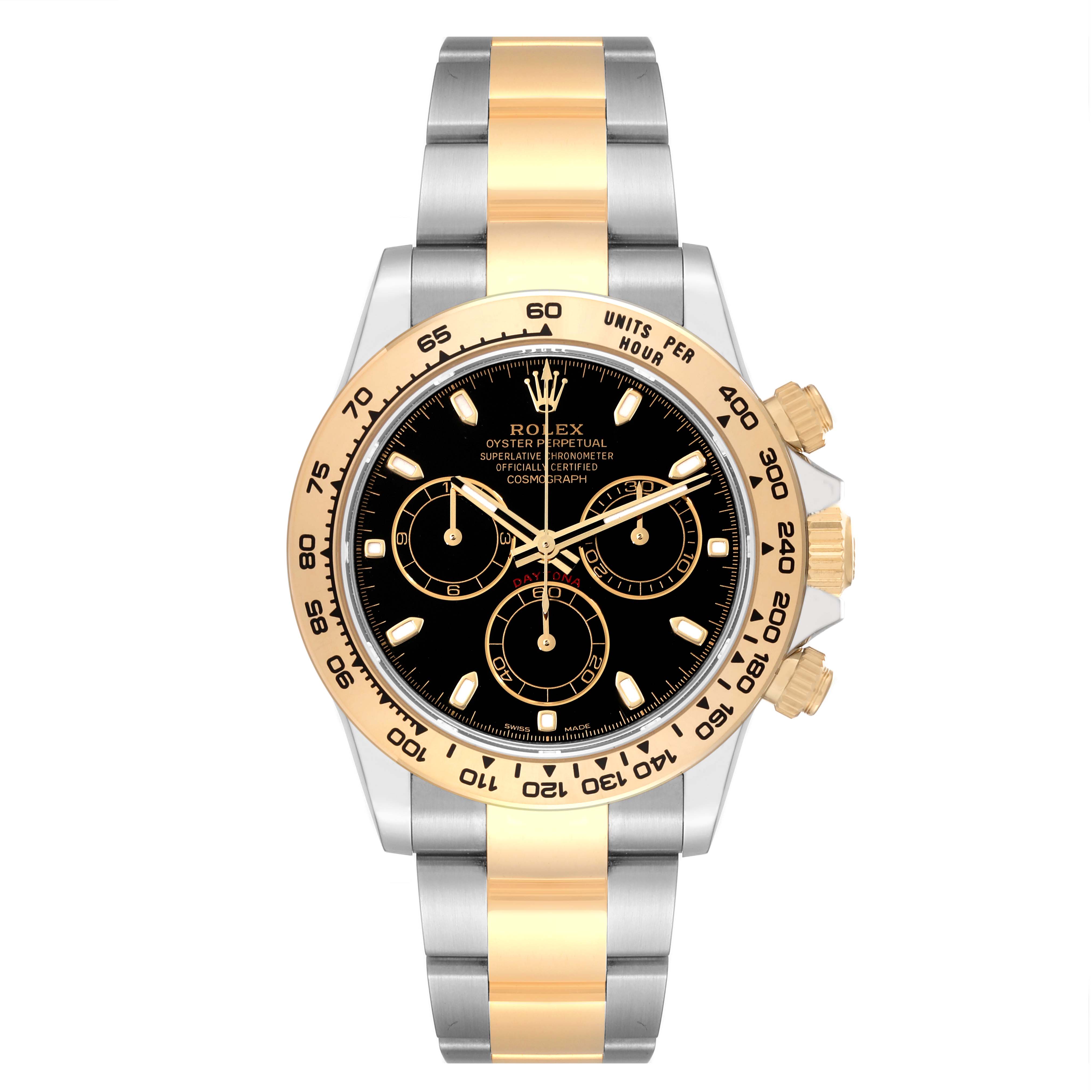 The image shows a front view of a Rolex Daytona 116503 Men
s Steel and Gold (two tone) Black Dial 116503 Men
s Steel and Gold (two tone) Black Dial watch, highlighting its black dial, gold bezel, and two-tone metal bracelet.