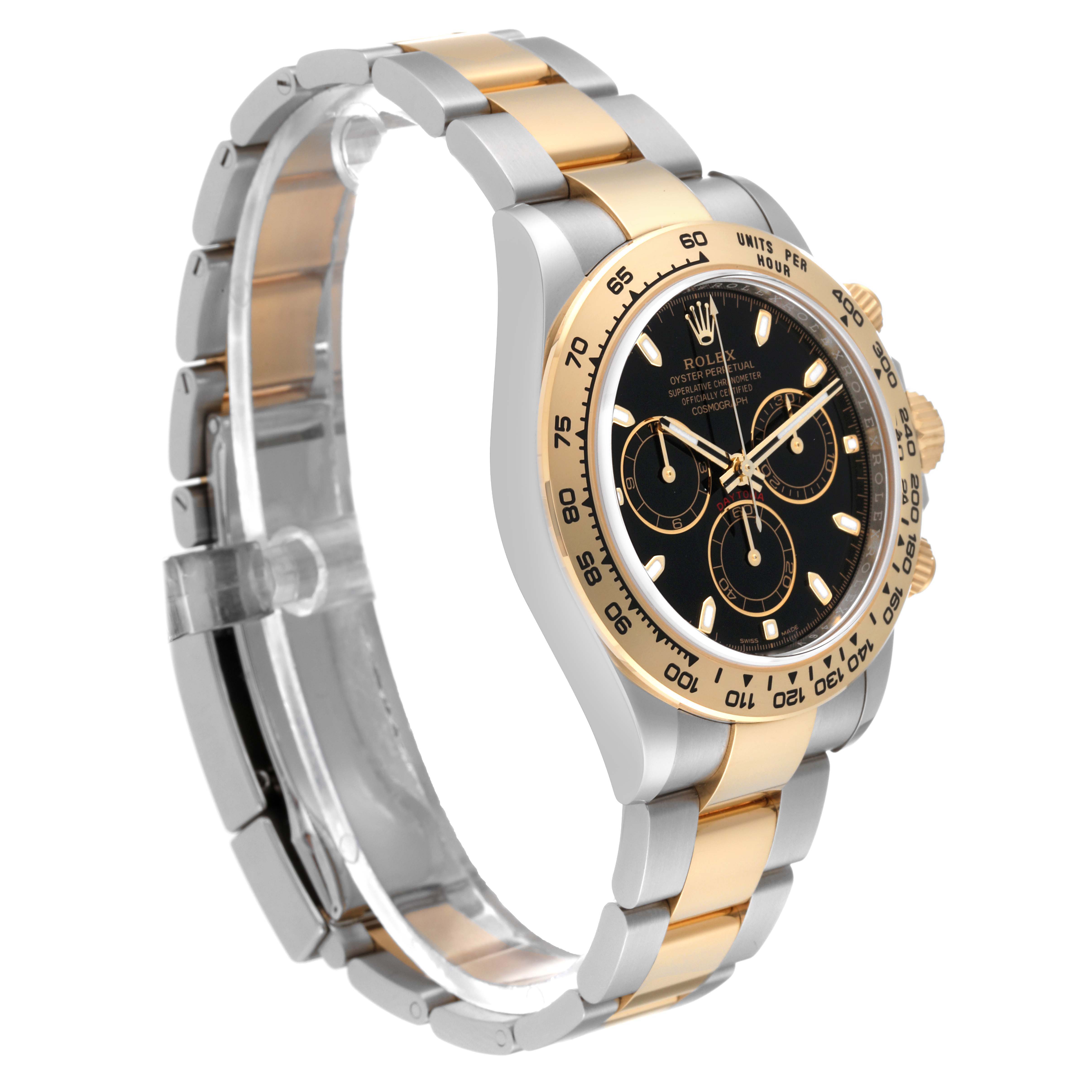 The Rolex Daytona 116503 Men
s Steel and Gold (two tone) Black Dial 116503 Men
s Steel and Gold (two tone) Black Dial watch is shown at a side angle, highlighting its black dial, gold bezel, and two-tone bracelet.