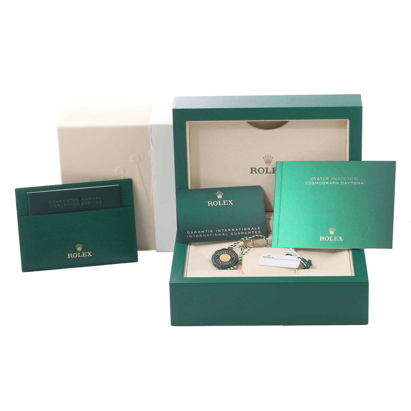 The image shows a Rolex Daytona 116503 Men
s Steel and Gold (two tone) Black Dial 116503 Men
s Steel and Gold (two tone) Black Dial watch box, including a manual, warranty card, and tags from a frontal angle.