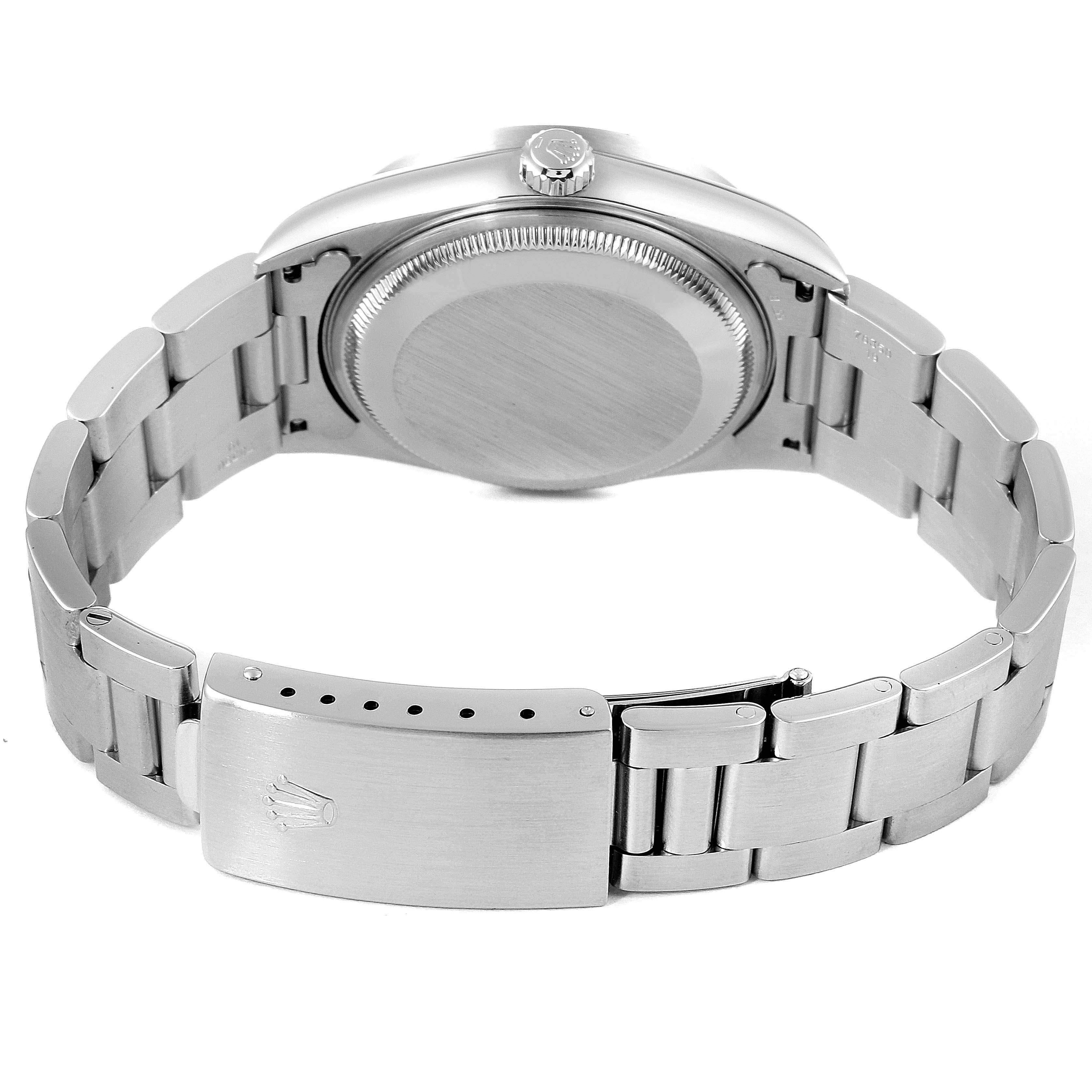 This image shows the back view of the Rolex Date 15210 Men's Stainless Steel Black Dial 15210 Men's Stainless Steel Black Dial model watch, including the case back, crown, and bracelet with clasp.