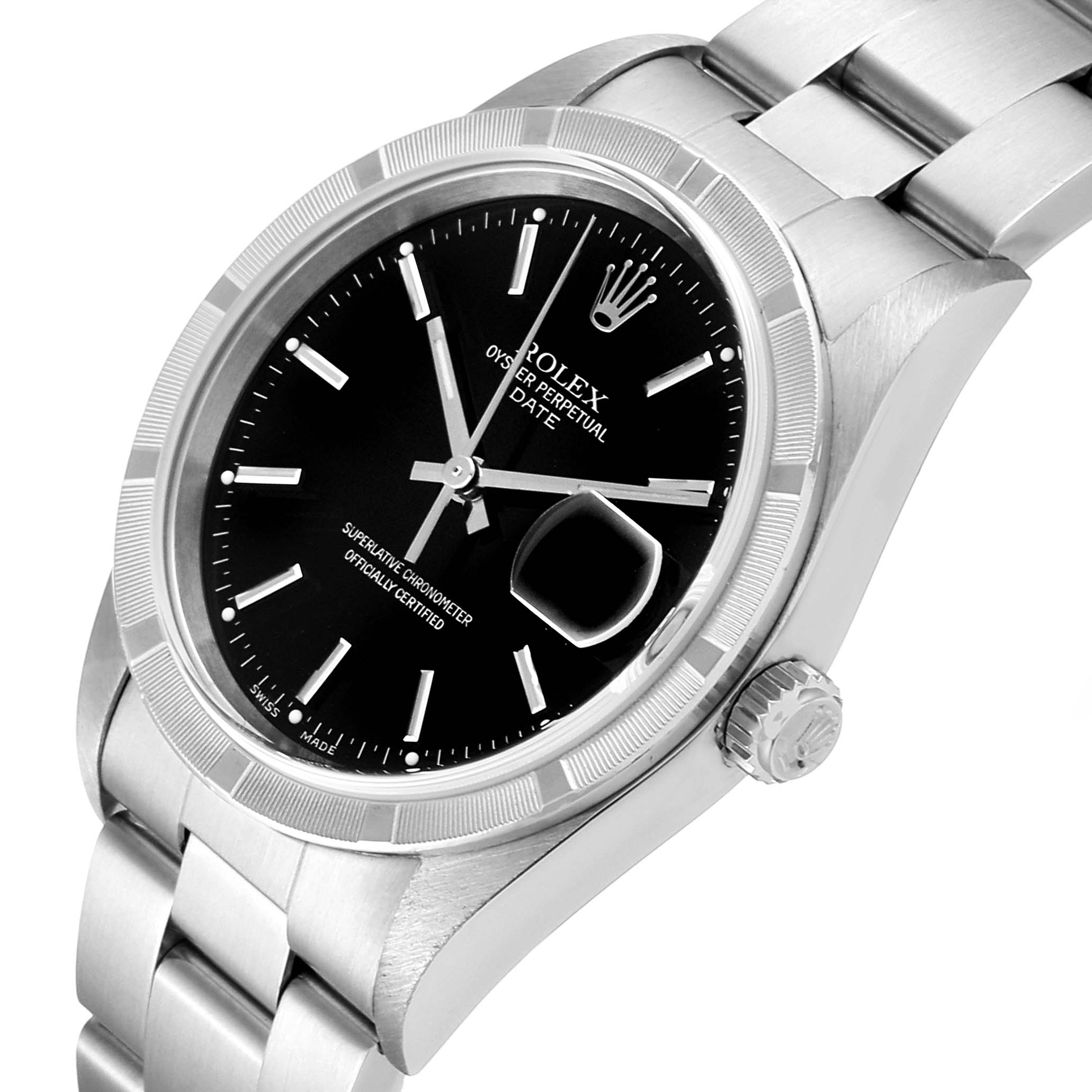 The image shows a close-up of a Rolex Date 15210 Men's Stainless Steel Black Dial 15210 Men's Stainless Steel Black Dial model watch featuring the dial, bezel, crown, and part of the stainless steel bracelet.