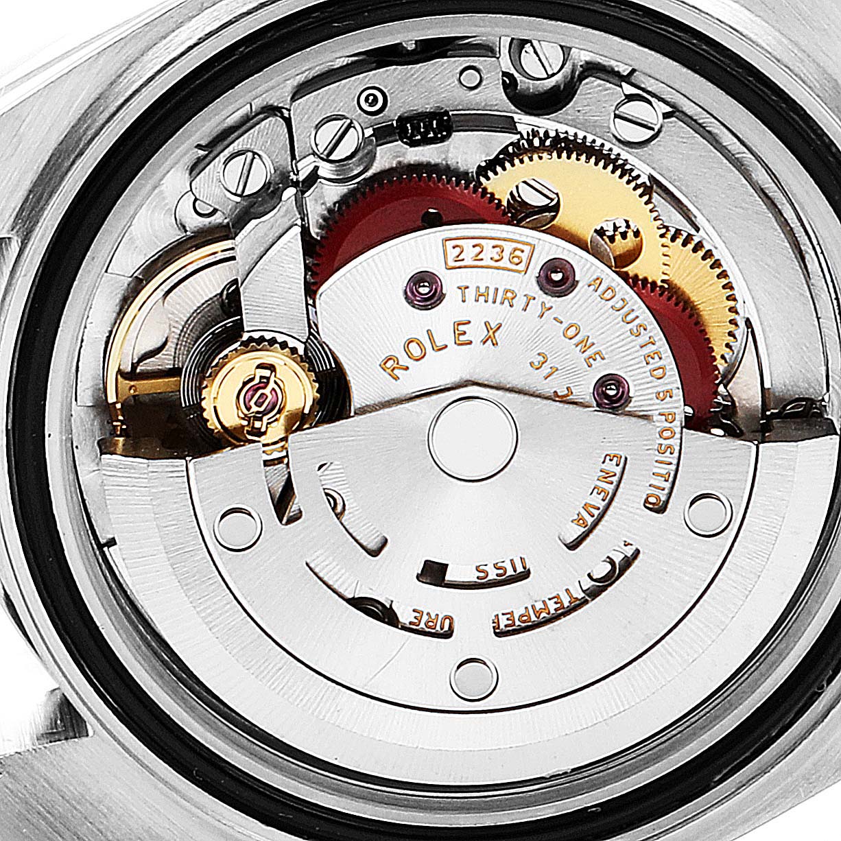 The Rolex Datejust 279381 Women's Steel and Gold (two tone) Blue Dial 279381 Women's Steel and Gold (two tone) Blue Dial watch is shown from the back, focusing on its intricate internal movement and gears.