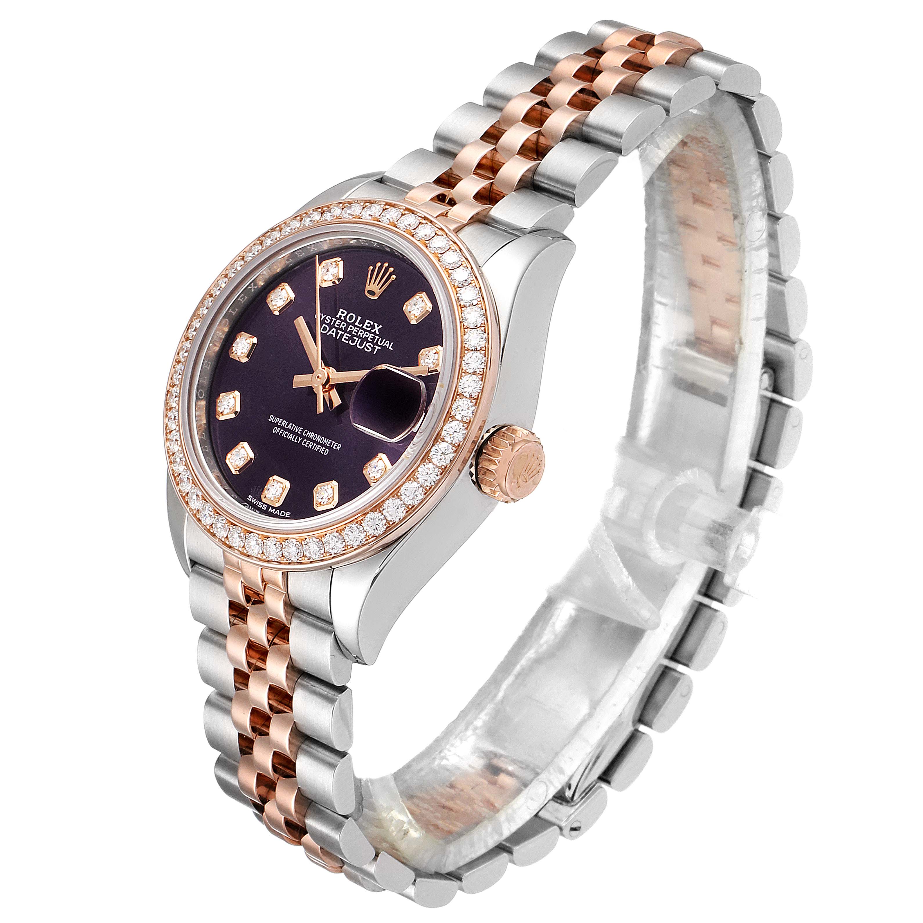 The image shows a Rolex Datejust 279381 Women's Steel and Gold (two tone) Blue Dial 279381 Women's Steel and Gold (two tone) Blue Dial watch at an angle highlighting the face, bezel, crown, and two-toned Jubilee bracelet.