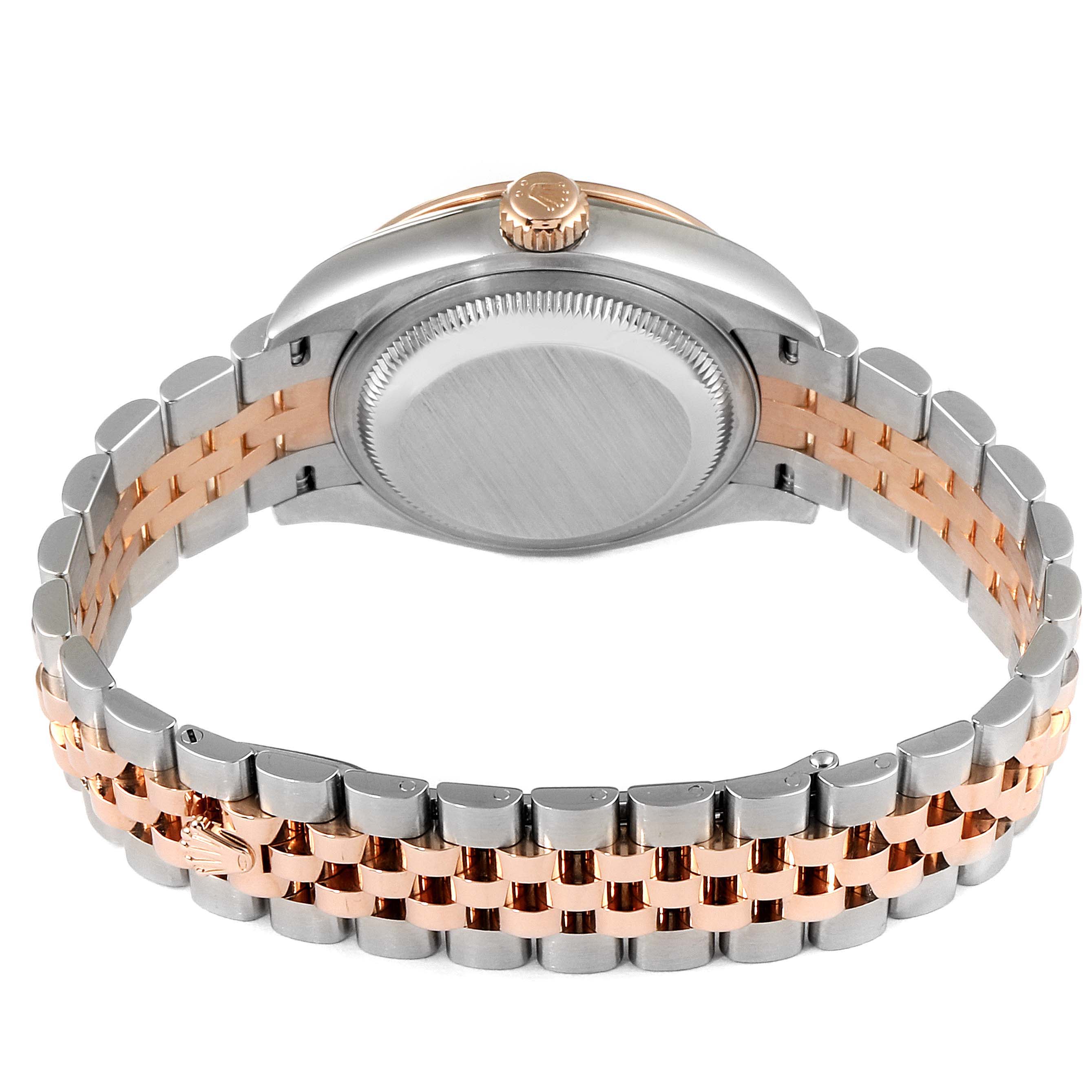 The image shows the back angle of the Rolex Datejust 279381 Women's Steel and Gold (two tone) Blue Dial 279381 Women's Steel and Gold (two tone) Blue Dial watch, focusing on the case back and Jubilee bracelet.