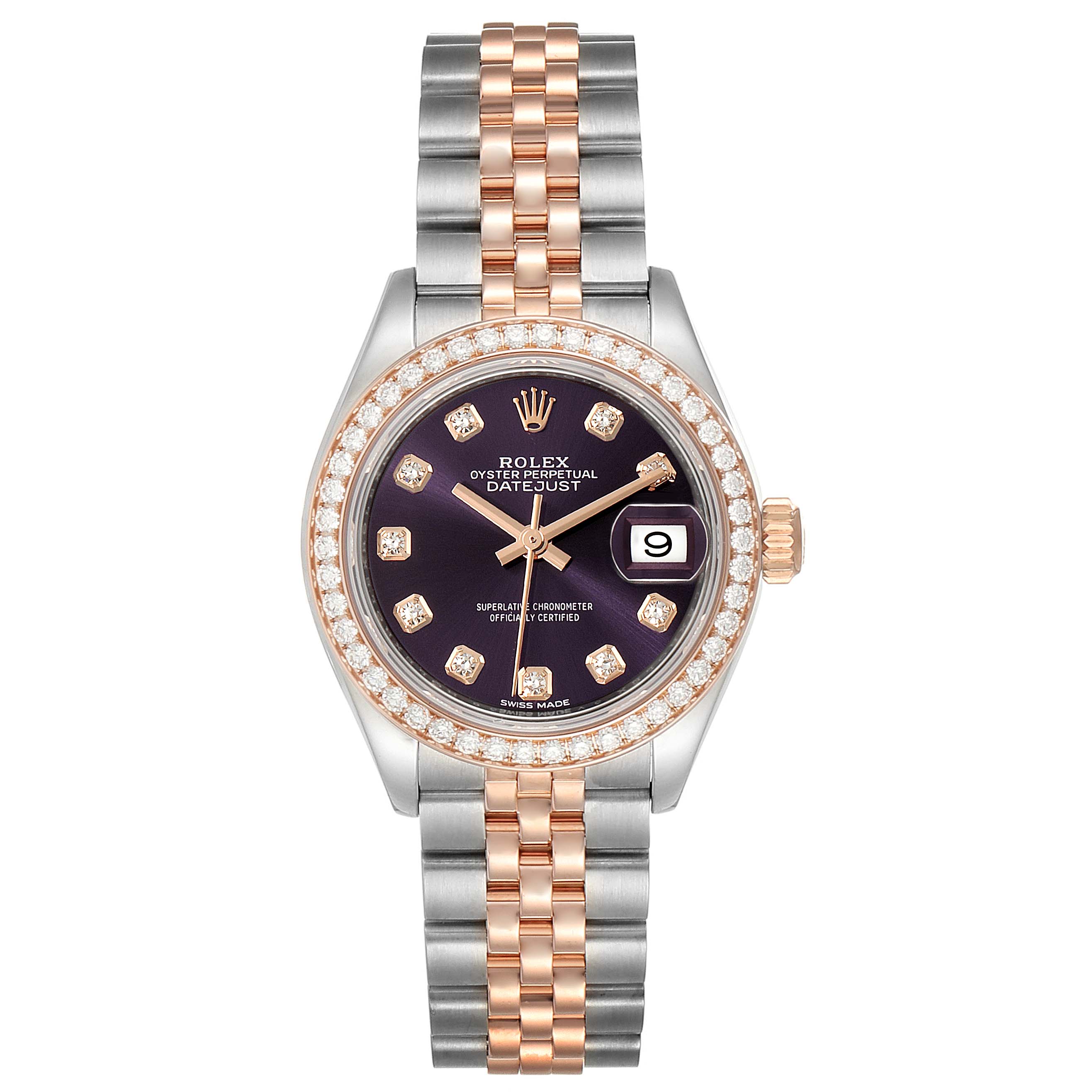 This image shows a front view of a Rolex Datejust 279381 Women's Steel and Gold (two tone) Blue Dial 279381 Women's Steel and Gold (two tone) Blue Dial watch, displaying its dial, bezel, and bracelet.