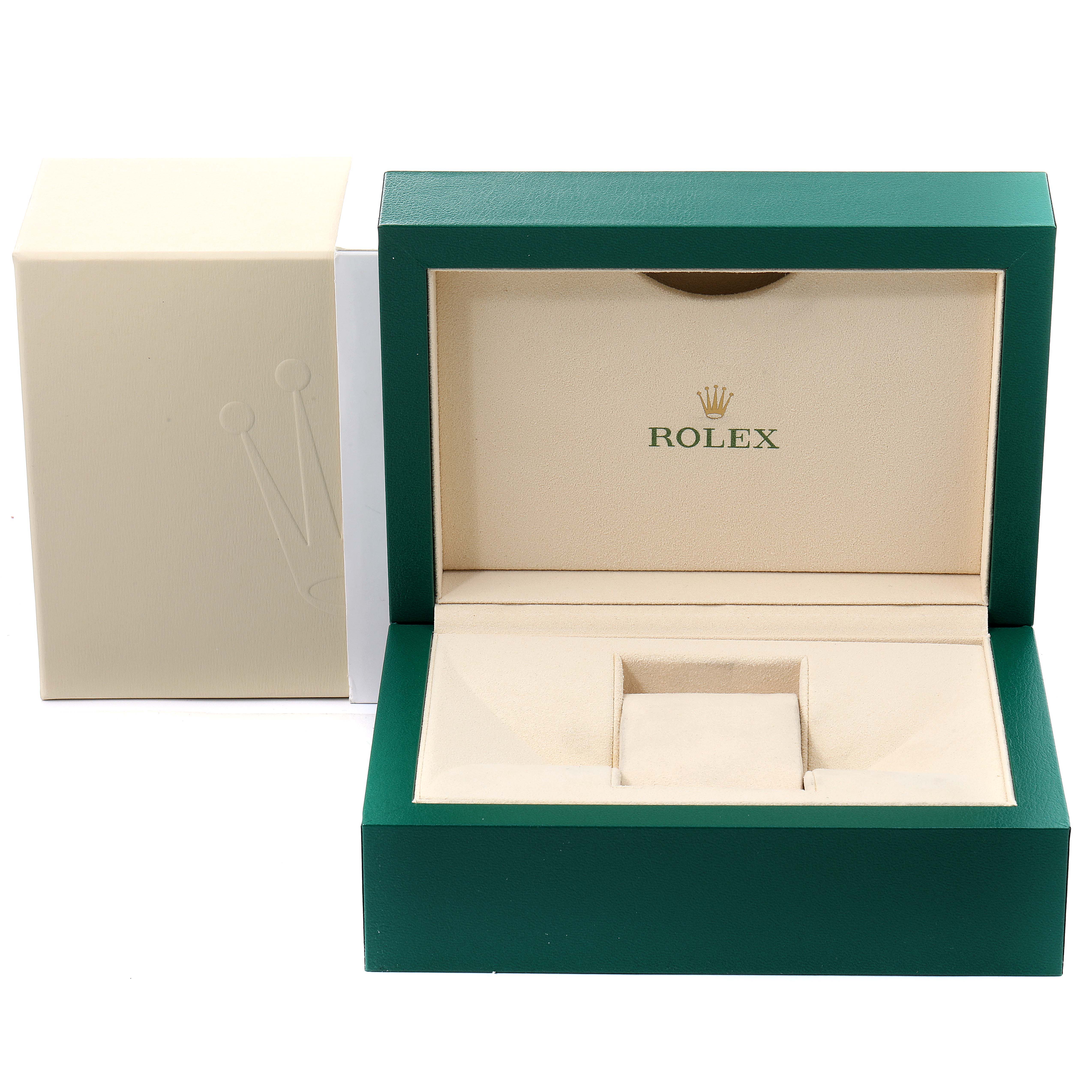 The image shows an open Rolex Datejust 279381 Women's Steel and Gold (two tone) Blue Dial 279381 Women's Steel and Gold (two tone) Blue Dial watch box with its lid raised.