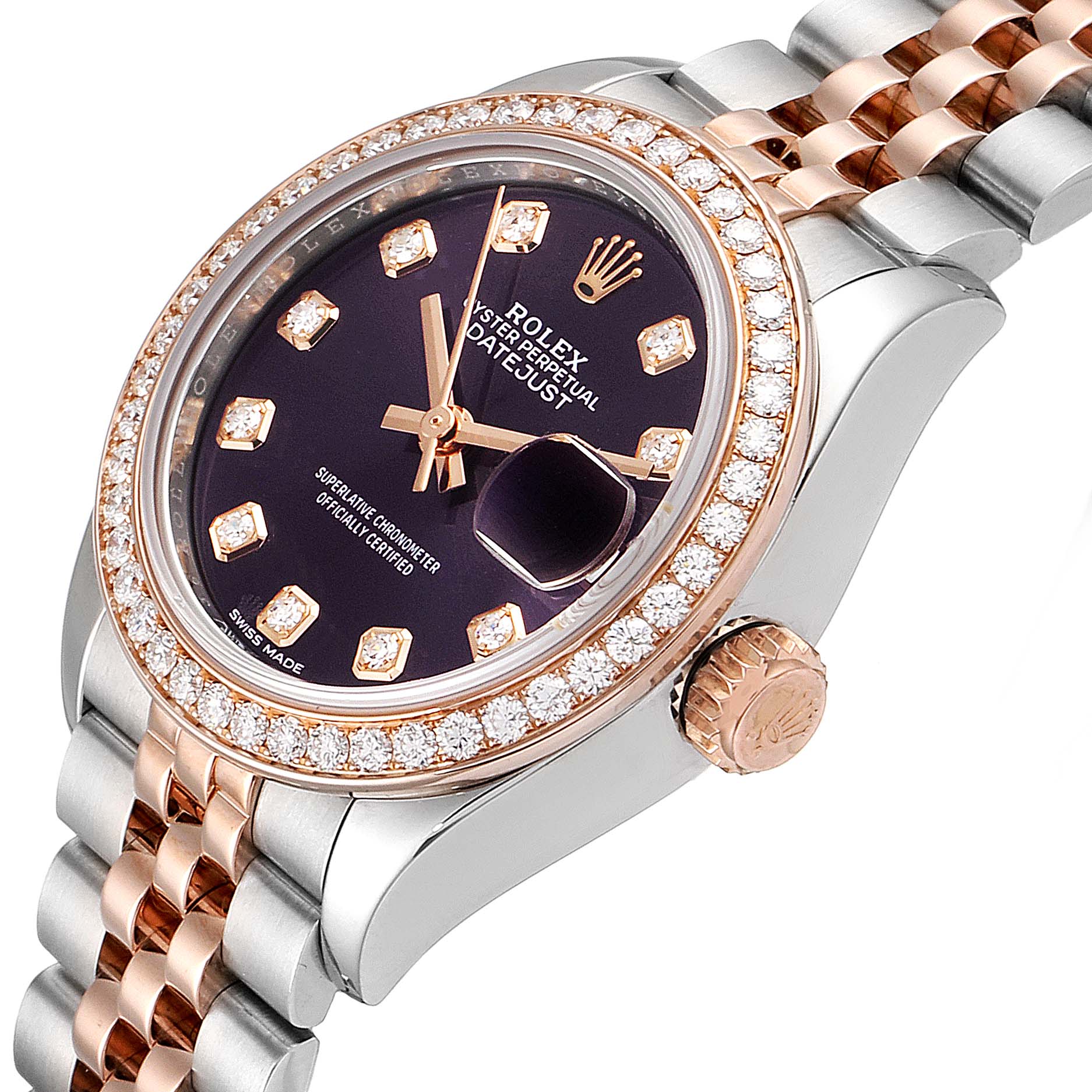 The image shows a close-up angle of the Rolex Datejust 279381 Women's Steel and Gold (two tone) Blue Dial 279381 Women's Steel and Gold (two tone) Blue Dial watch, highlighting the dial, bezel, crown, and part of the bracelet.