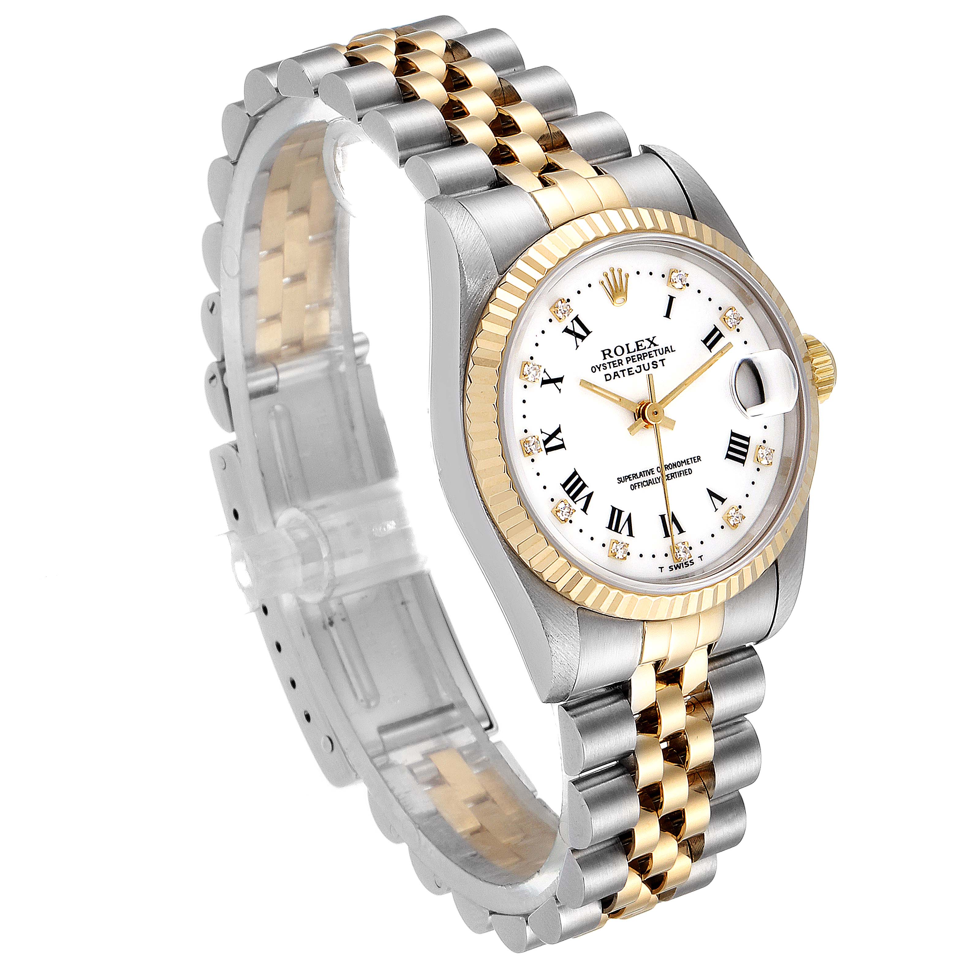 The Rolex Mid-Size 68273 Women
s Steel and Gold (two tone) White Dial 68273 Women
s Steel and Gold (two tone) White Dial watch is shown from a front angle, highlighting the face, bezel, and two-tone bracelet.