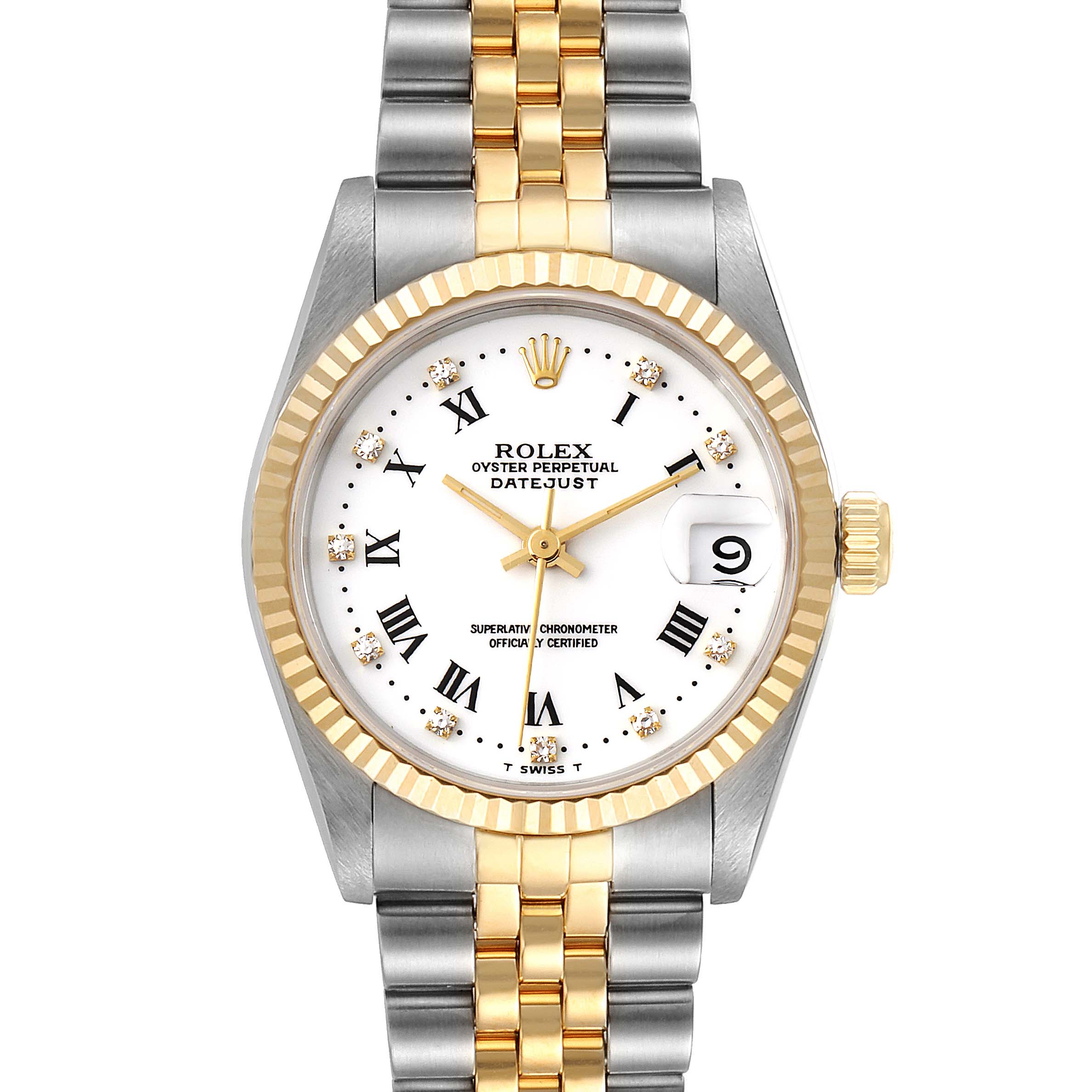 This is a front view of a Rolex Datejust Mid-Size watch, showcasing the dial, bezel, and bracelet.