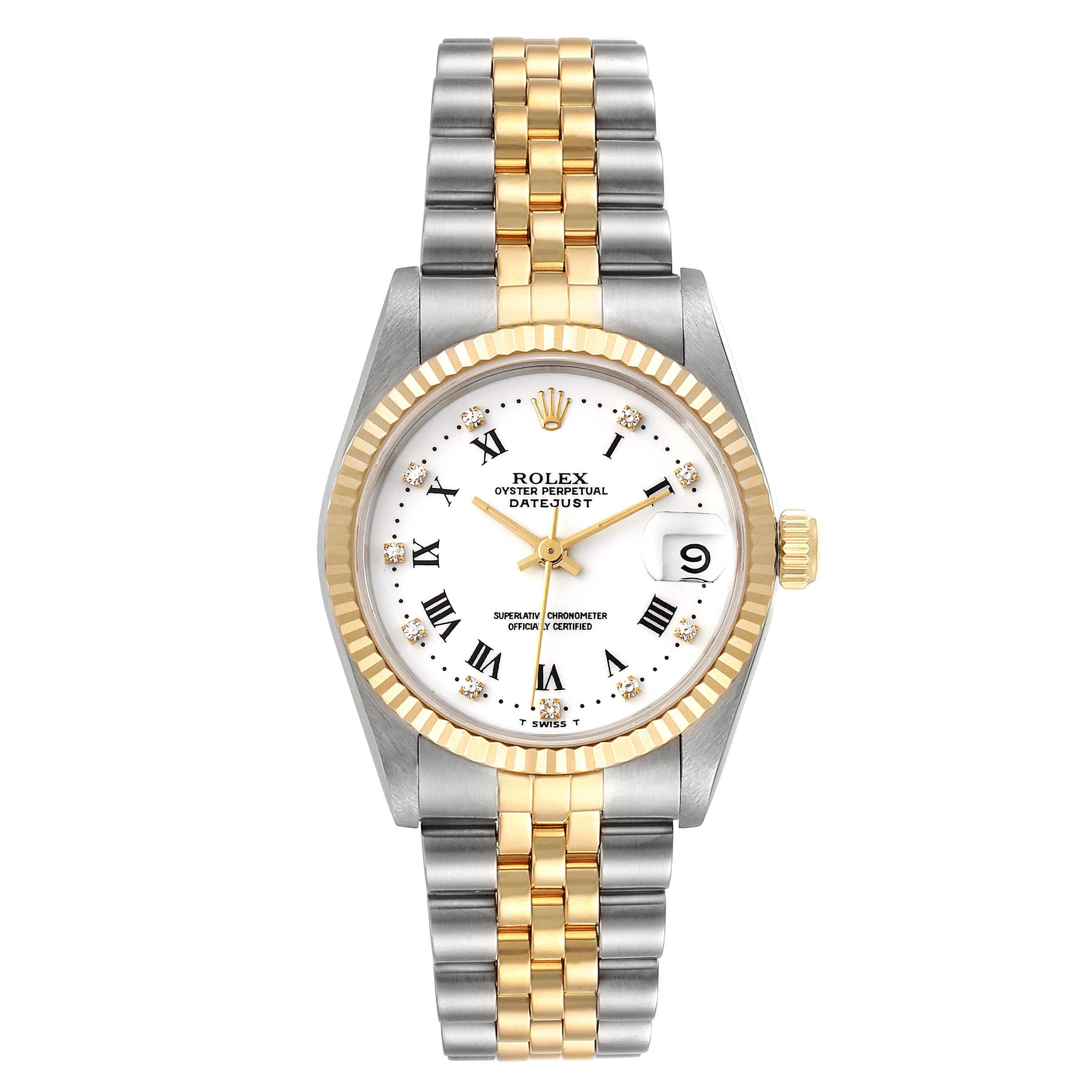 The image shows a Rolex Datejust Mid-Size watch, featuring the dial, bezel, crown, and bracelet from a front angle.