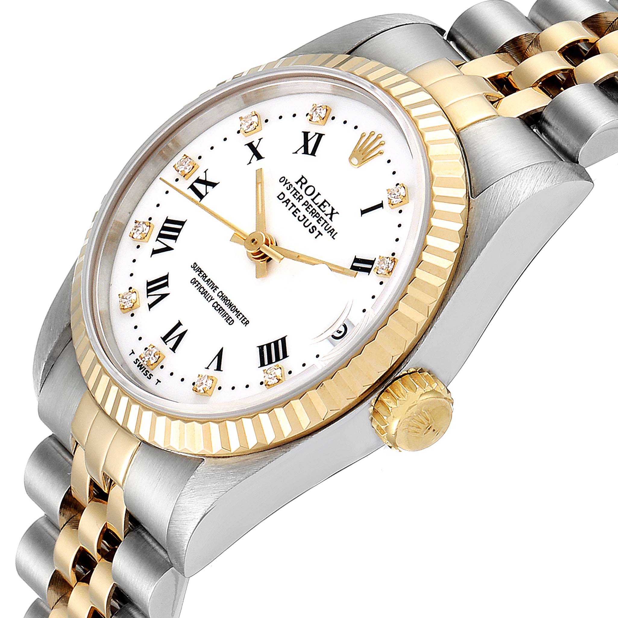 The image shows a close-up angled view of the Rolex Mid-Size 68273 Women
s Steel and Gold (two tone) White Dial 68273 Women
s Steel and Gold (two tone) White Dial Oyster Perpetual Datejust watch, highlighting the face and bracelet.