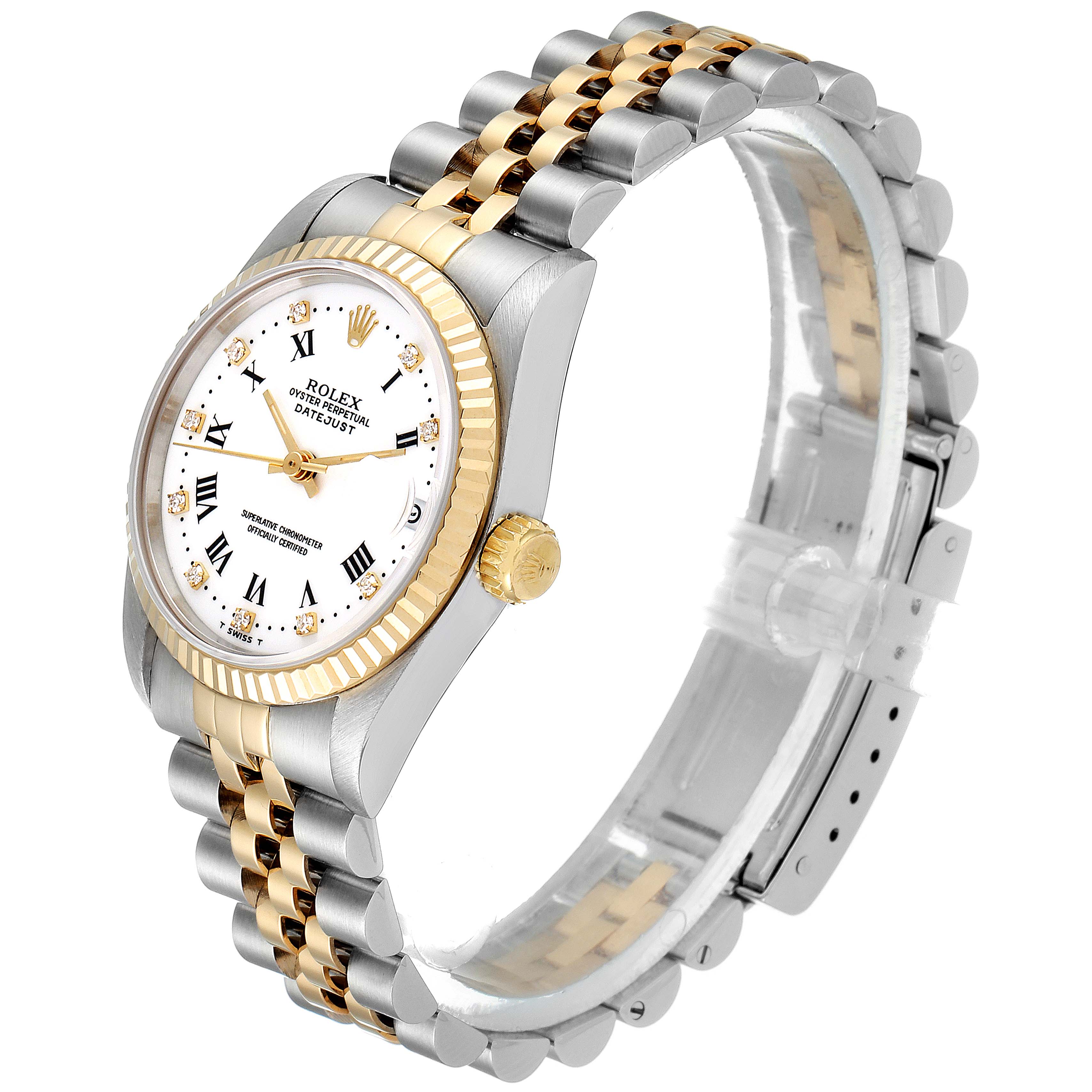 This Rolex Mid-Size 68273 Women
s Steel and Gold (two tone) White Dial 68273 Women
s Steel and Gold (two tone) White Dial model watch is shown at a slight angle, highlighting its gold and silver band, fluted bezel, and white dial.