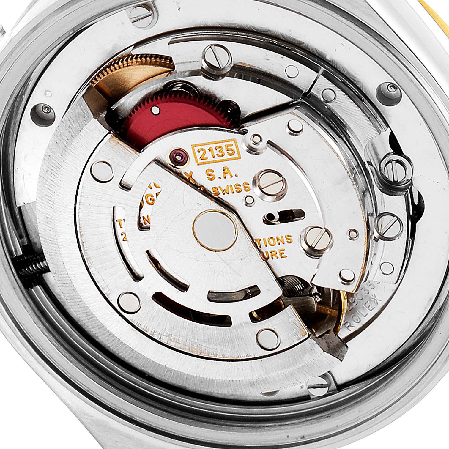 This is a close-up view showing the intricate internal mechanism of a Mid-Size Rolex watch model.