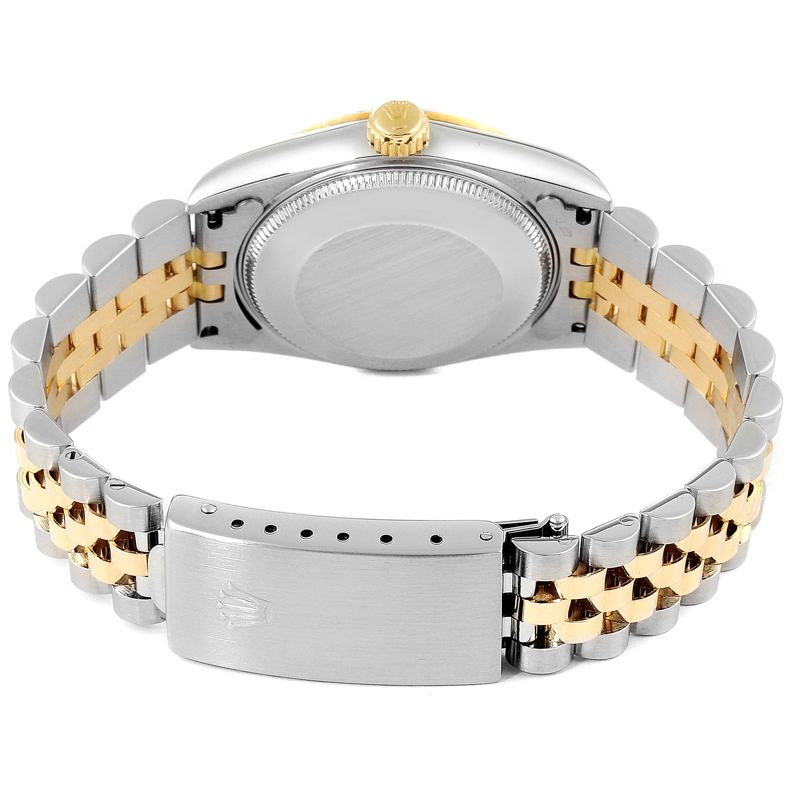 The image shows the back view of a Mid-Size Rolex watch, highlighting its clasp, bracelet, and case back.