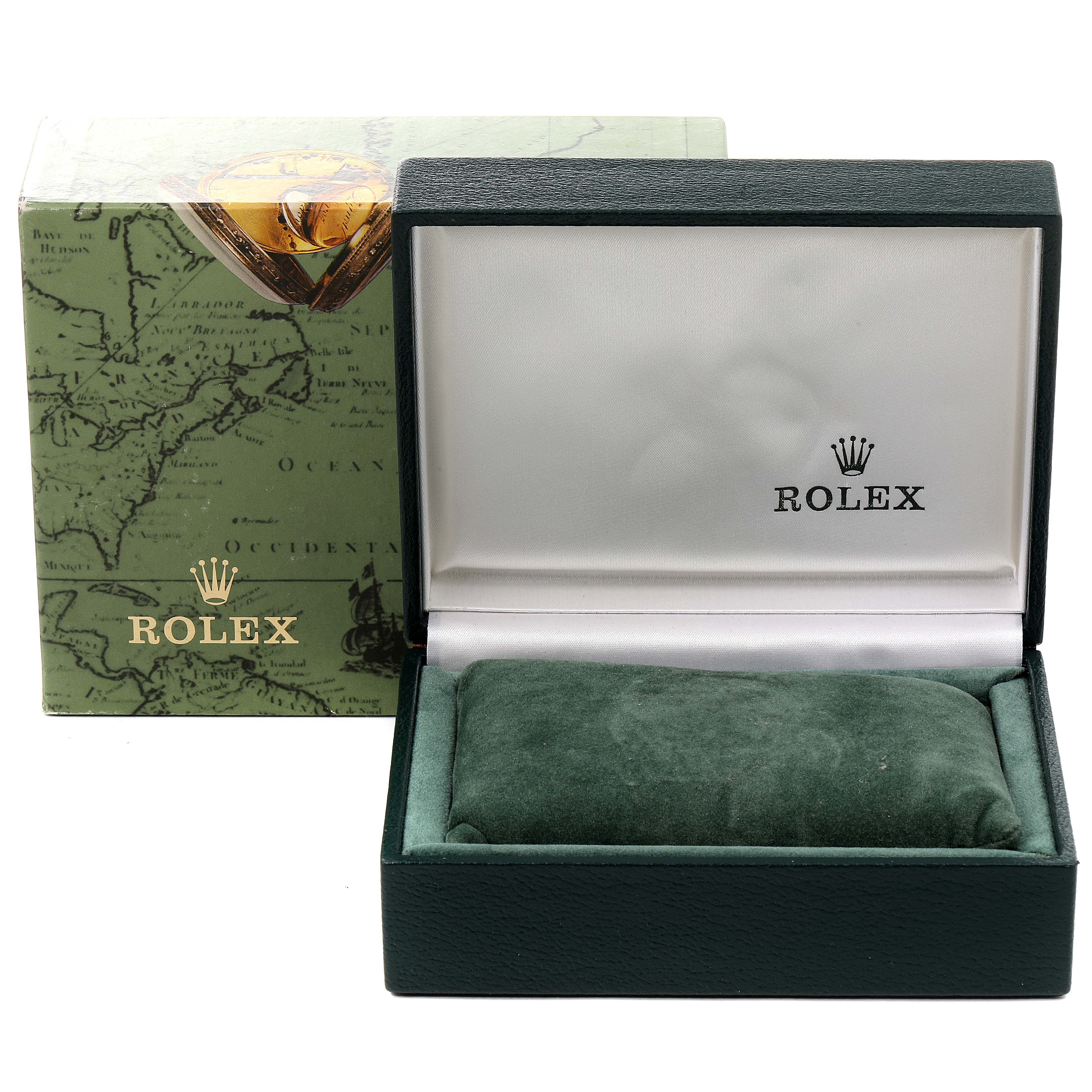 The image shows the open green box and outer packaging of a Rolex Mid-Size 68273 Women
s Steel and Gold (two tone) White Dial 68273 Women
s Steel and Gold (two tone) White Dial model watch.