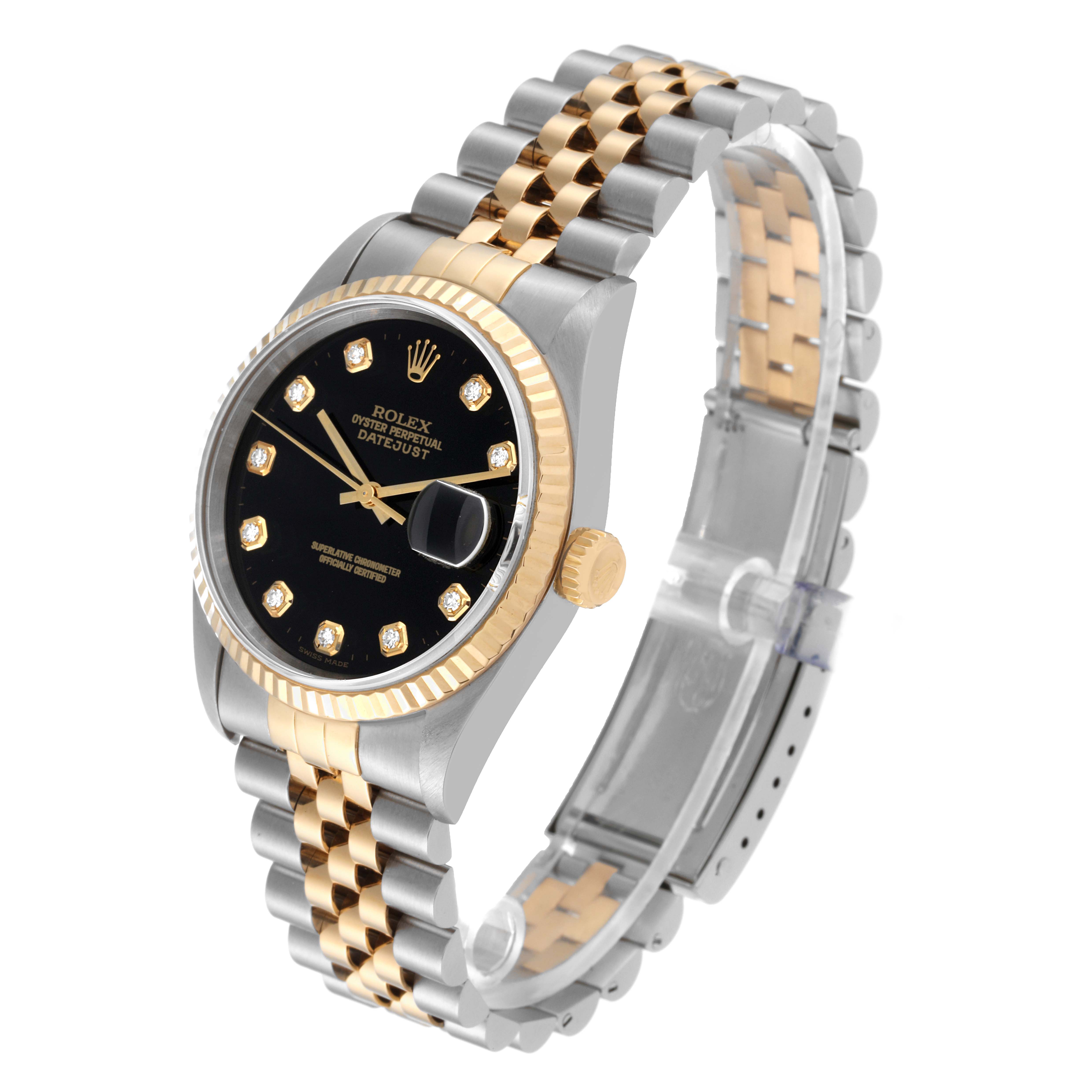 This image shows a Rolex Datejust 16233 Men's Steel and Gold (two tone) Black Dial 16233 Men's Steel and Gold (two tone) Black Dial watch taken from a front angle highlighting its dial, bezel, and two-tone bracelet.