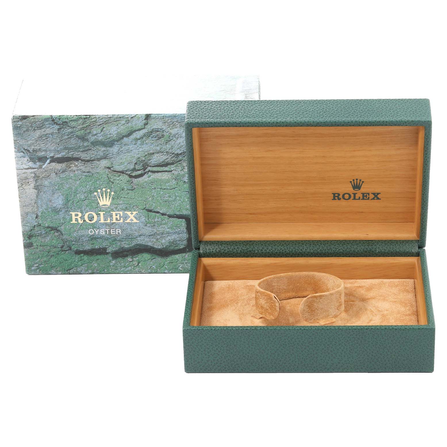 The image shows an open Rolex Datejust 16233 Men's Steel and Gold (two tone) Black Dial 16233 Men's Steel and Gold (two tone) Black Dial watch box and its outer green packaging.