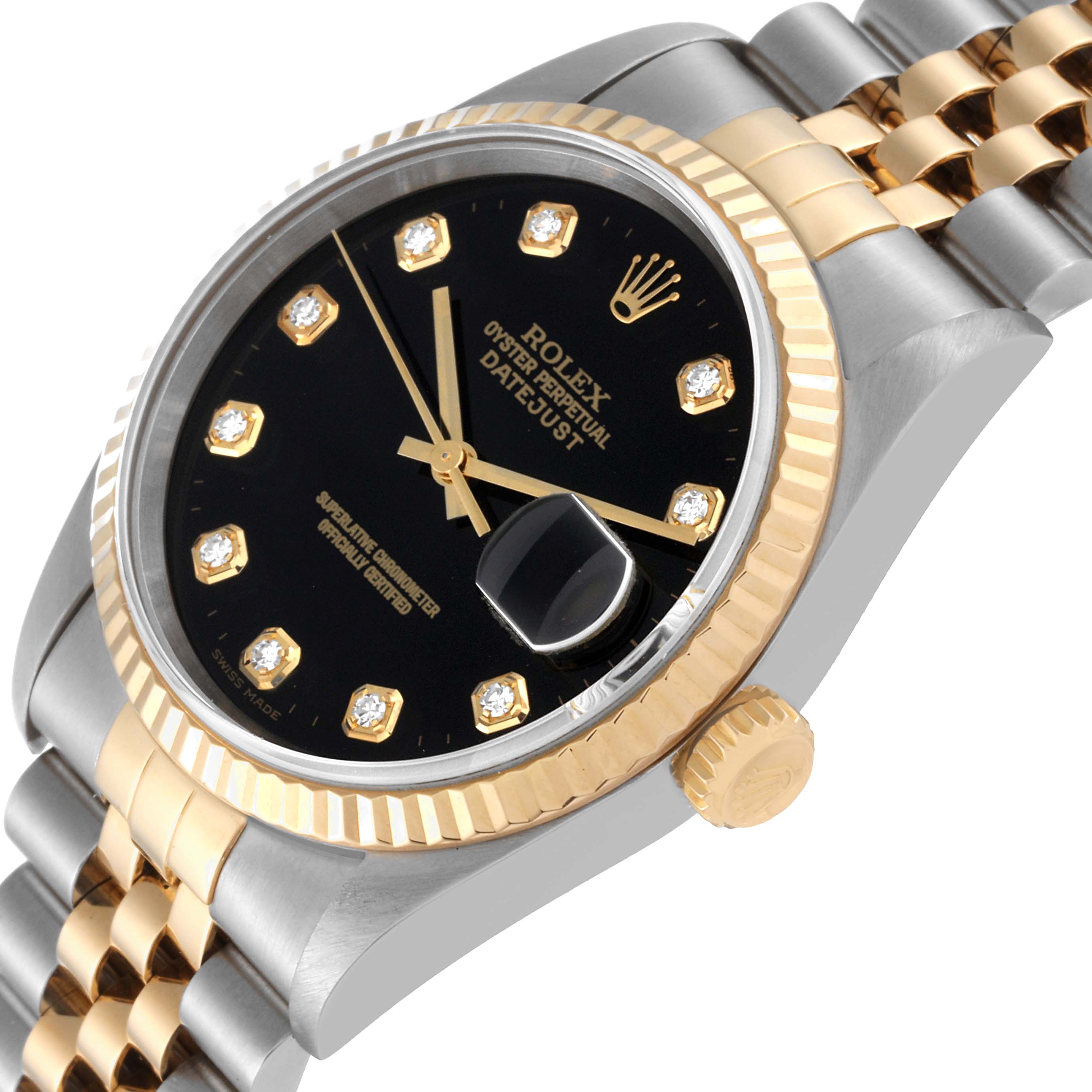 The image shows a close-up angle of a Rolex Datejust 16233 Men's Steel and Gold (two tone) Black Dial 16233 Men's Steel and Gold (two tone) Black Dial watch, capturing its dial, fluted bezel, and part of its bracelet.
