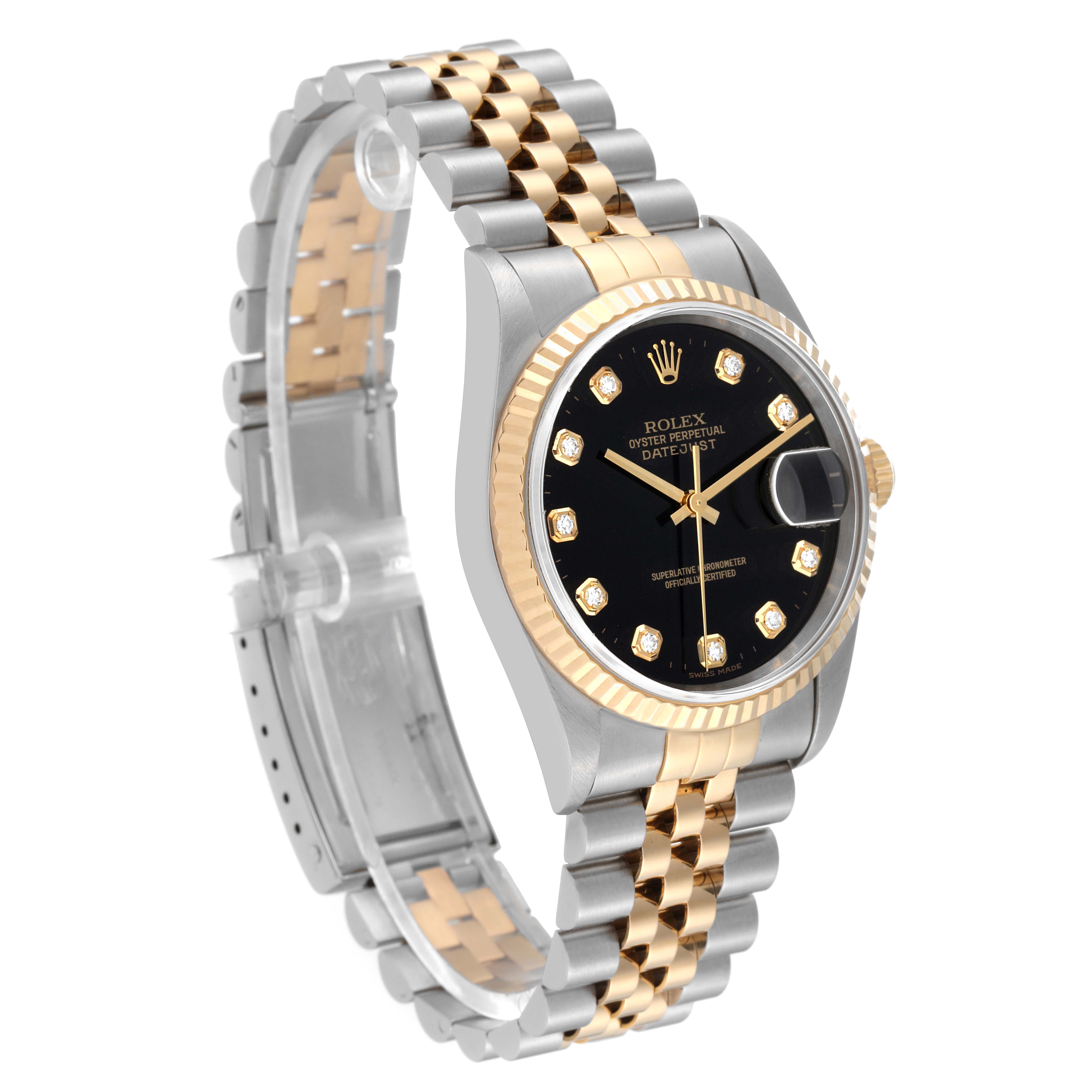 The image shows a Rolex Datejust 16233 Men's Steel and Gold (two tone) Black Dial 16233 Men's Steel and Gold (two tone) Black Dial watch angled to highlight its black dial, fluted bezel, and two-tone jubilee bracelet.