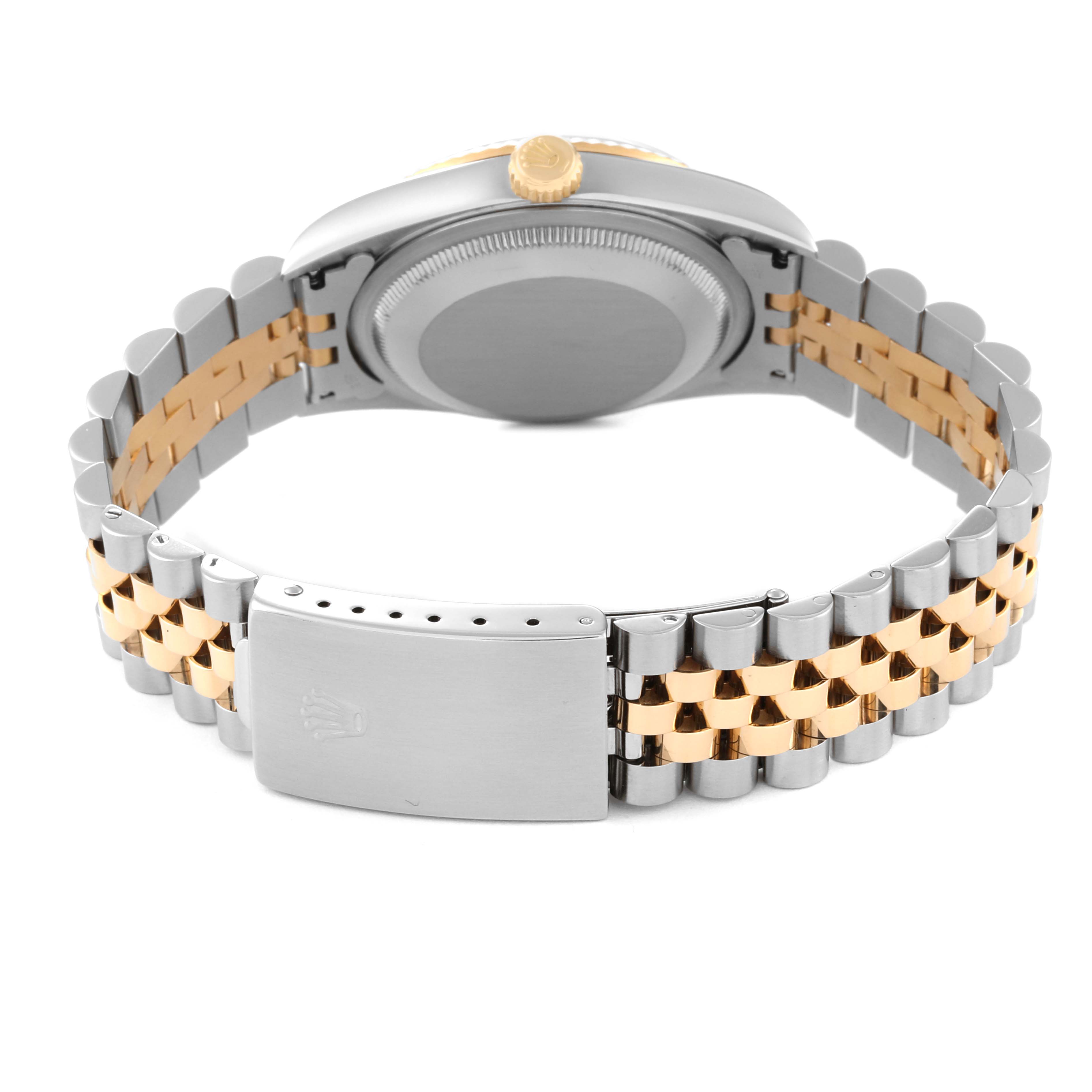 The image shows the back view of a Rolex Datejust 16233 Men's Steel and Gold (two tone) Black Dial 16233 Men's Steel and Gold (two tone) Black Dial watch's case and Jubilee bracelet with the clasp open.