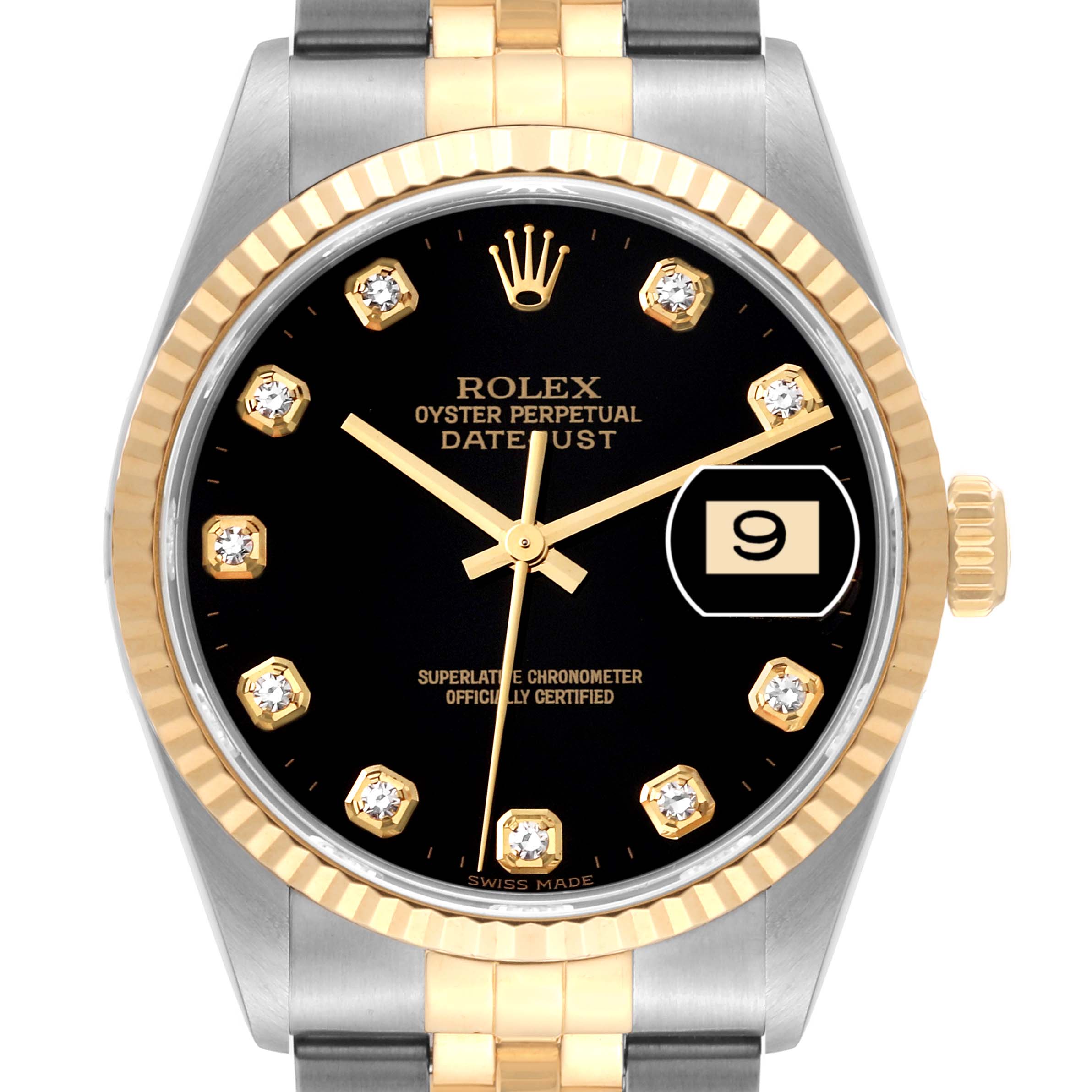 This image shows a frontal view of the Rolex Datejust 16233 Men's Steel and Gold (two tone) Black Dial 16233 Men's Steel and Gold (two tone) Black Dial watch, featuring the dial, bezel, crown, and part of the bracelet.