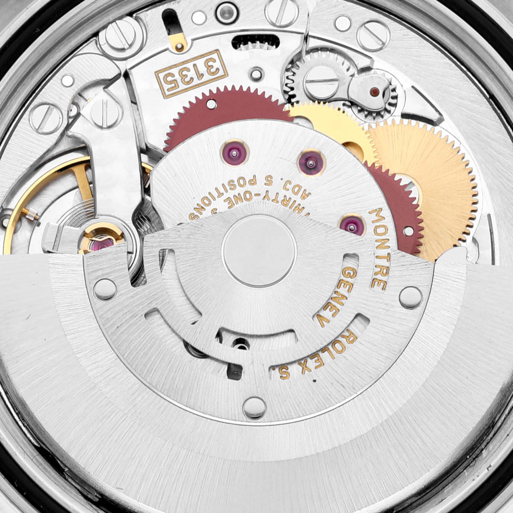 This image shows a close-up of the internal movement mechanism of a Rolex Datejust 16233 Men's Steel and Gold (two tone) Black Dial 16233 Men's Steel and Gold (two tone) Black Dial watch.