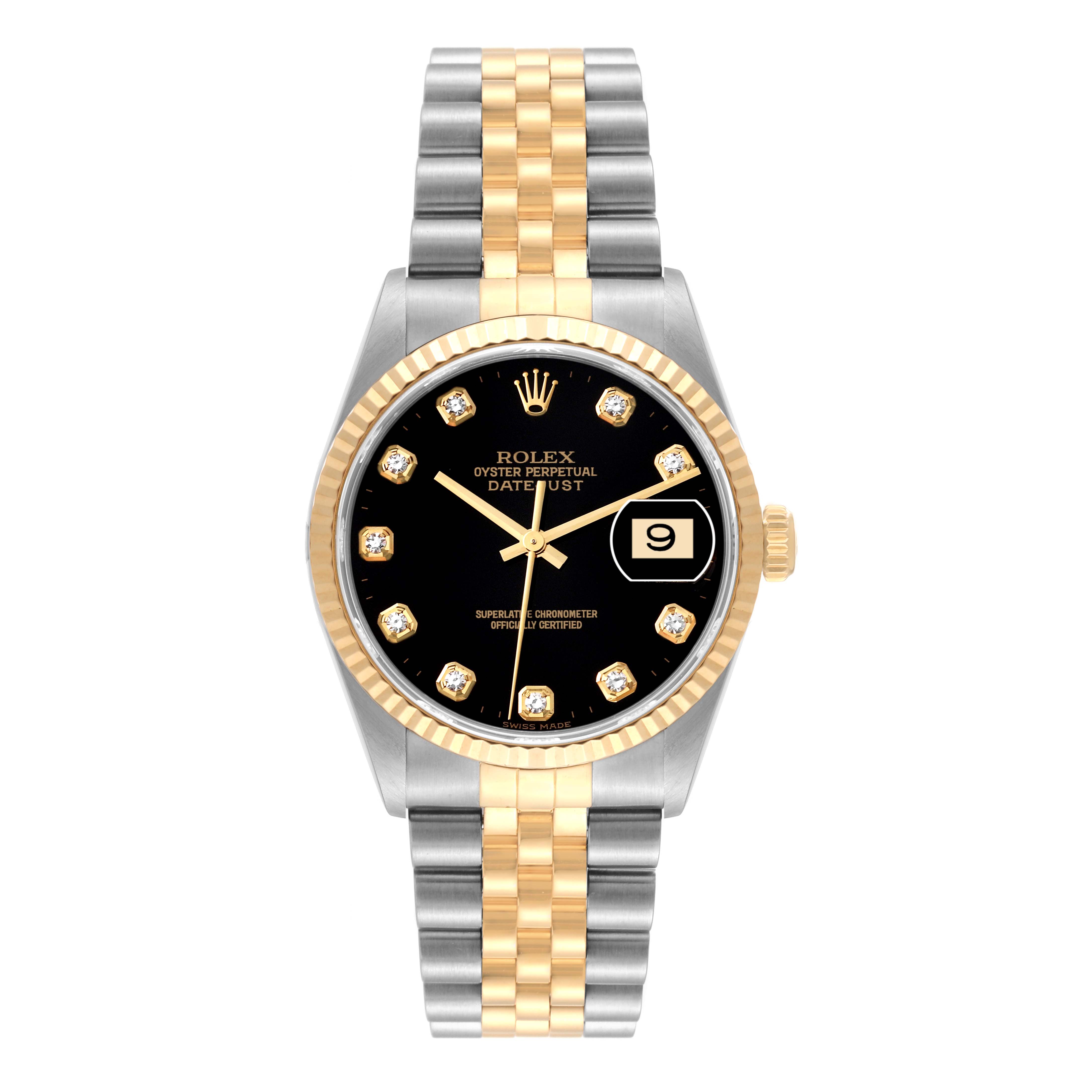 The Rolex Datejust 16233 Men's Steel and Gold (two tone) Black Dial 16233 Men's Steel and Gold (two tone) Black Dial watch is shown from a front angle, displaying the black dial, gold bezel, and two-tone metal bracelet.