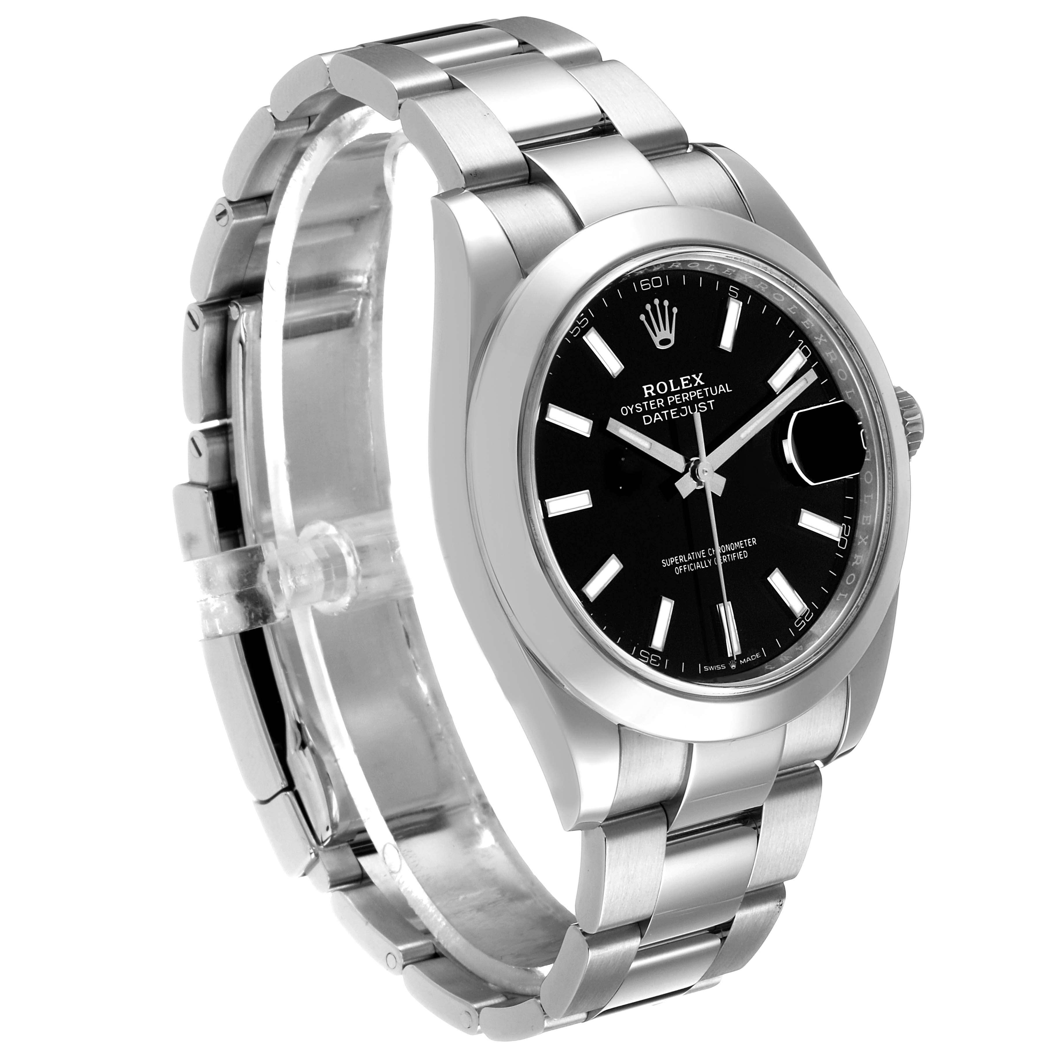 The Rolex Datejust 41 126300 Men's Stainless Steel Black Dial is shown at a 3/4 angle, highlighting the dial, bracelet, and bezel.