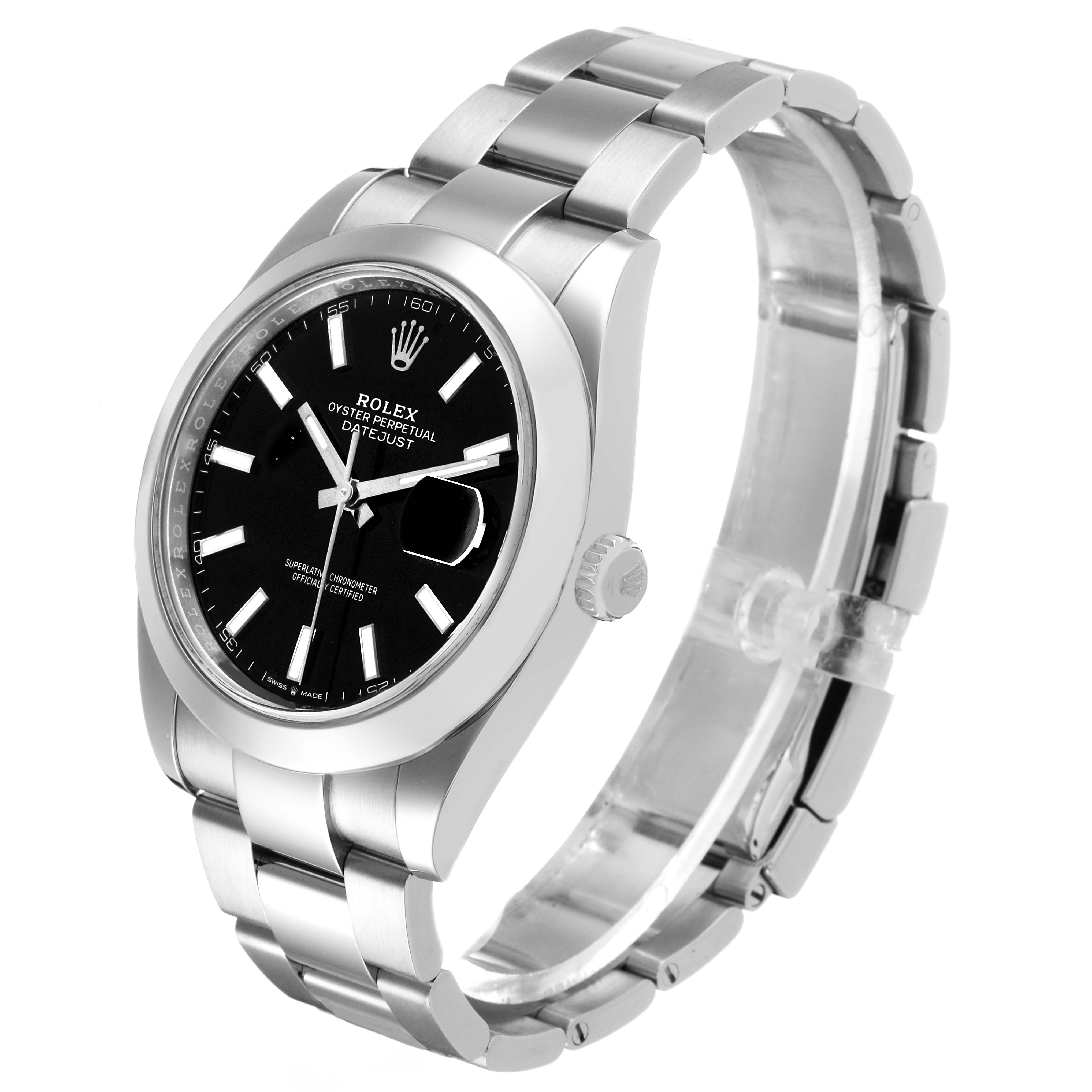The Rolex Datejust 41 126300 Men's Stainless Steel Black Dial watch is shown at an angled side view, featuring its bracelet, case, and dial.