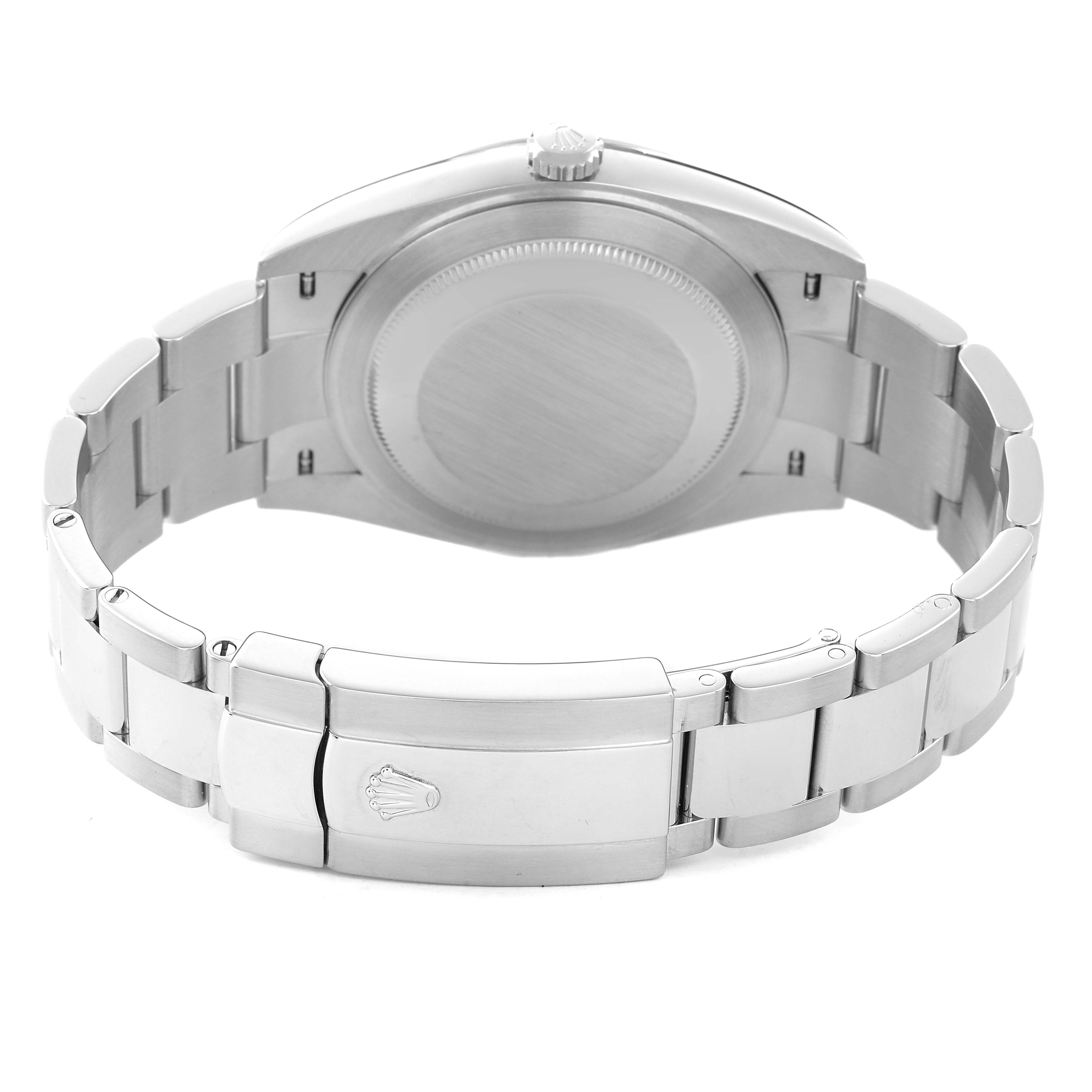 The image shows the back and bracelet of the Rolex Datejust 41 126300 Men's Stainless Steel Black Dial, highlighting the clasp and case back.