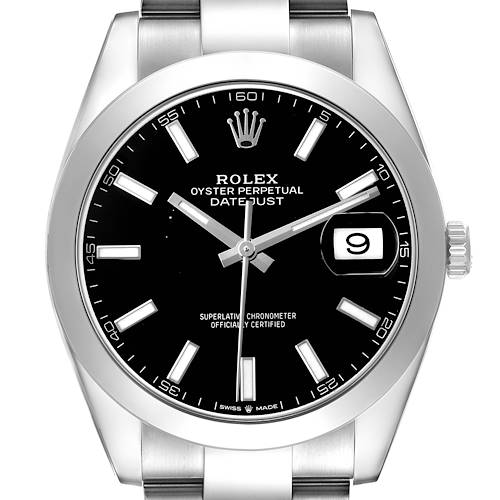 The Rolex Datejust 41 126300 Men's Stainless Steel Black Dial is shown from the front, displaying the black dial, indices, date, and fluted bezel.