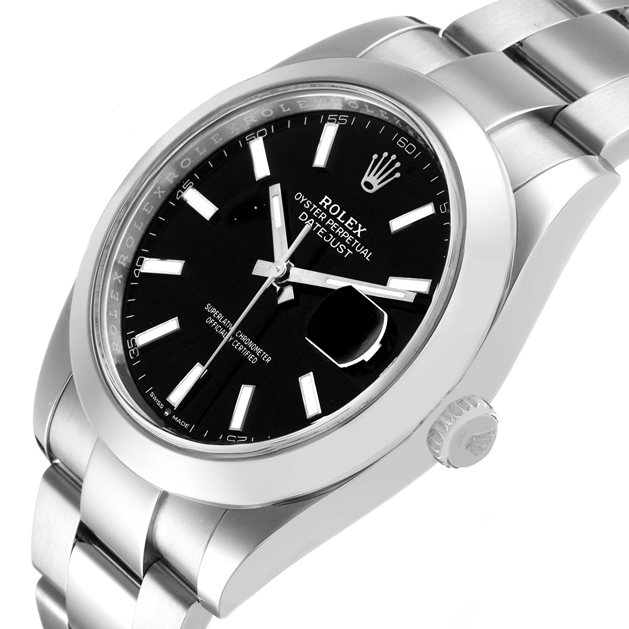 The Rolex Datejust 41 126300 Men's Stainless Steel Black Dial is shown at a slight side angle, highlighting the black dial, date window, cyclops lens, and oyster bracelet.