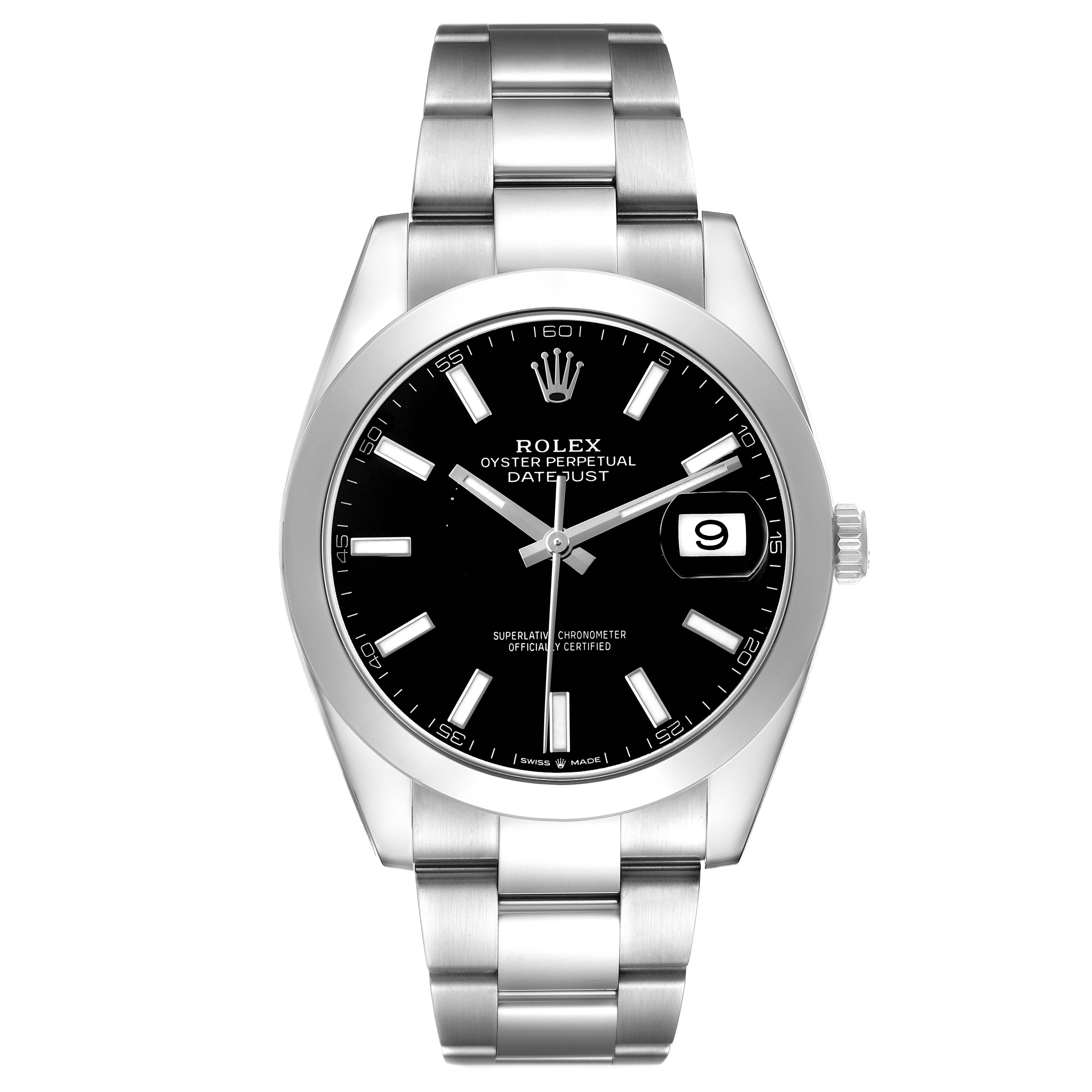 The Rolex Datejust 41 126300 Men's Stainless Steel Black Dial watch is shown from a front angle displaying its black dial, bracelet, hands, and date window.