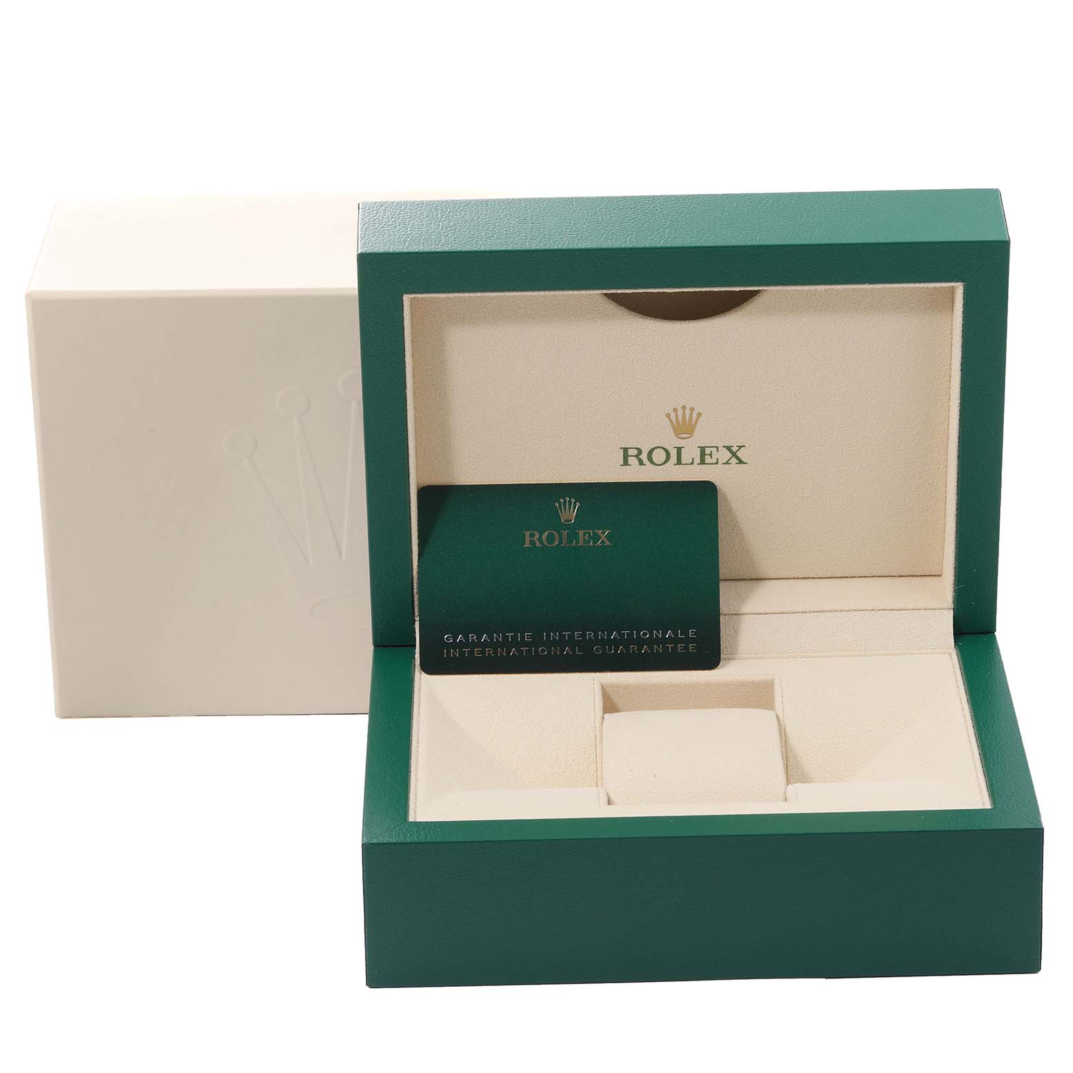 This image shows the packaging and international guarantee card for a Rolex Datejust 41 126300 Men
s Stainless Steel Blue Dial 126300 Men
s Stainless Steel Blue Dial watch, featuring the open green box.
