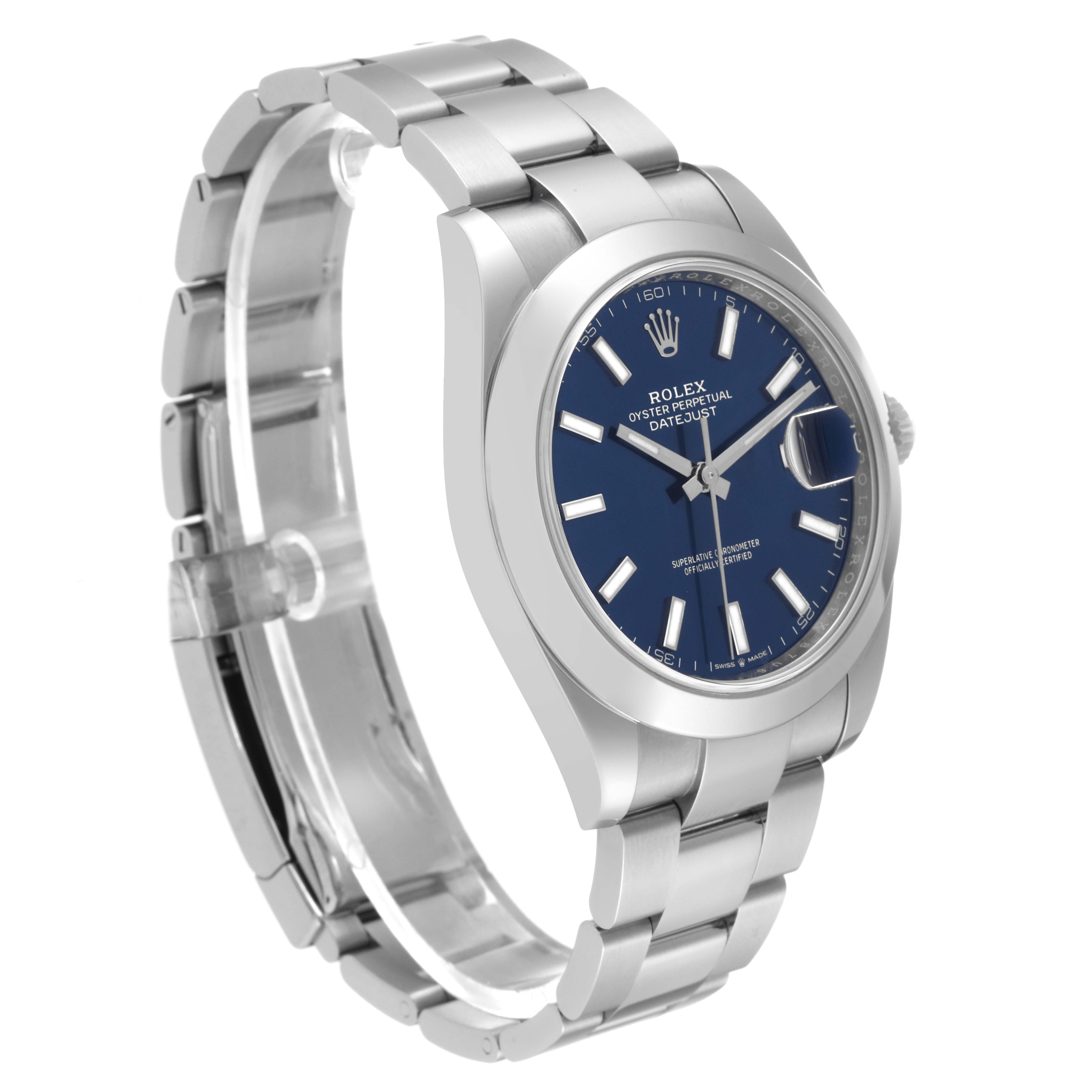 The Rolex Datejust 41 126300 Men
s Stainless Steel Blue Dial 126300 Men
s Stainless Steel Blue Dial is shown at an angled side view, displaying its bracelet, case, and blue dial.