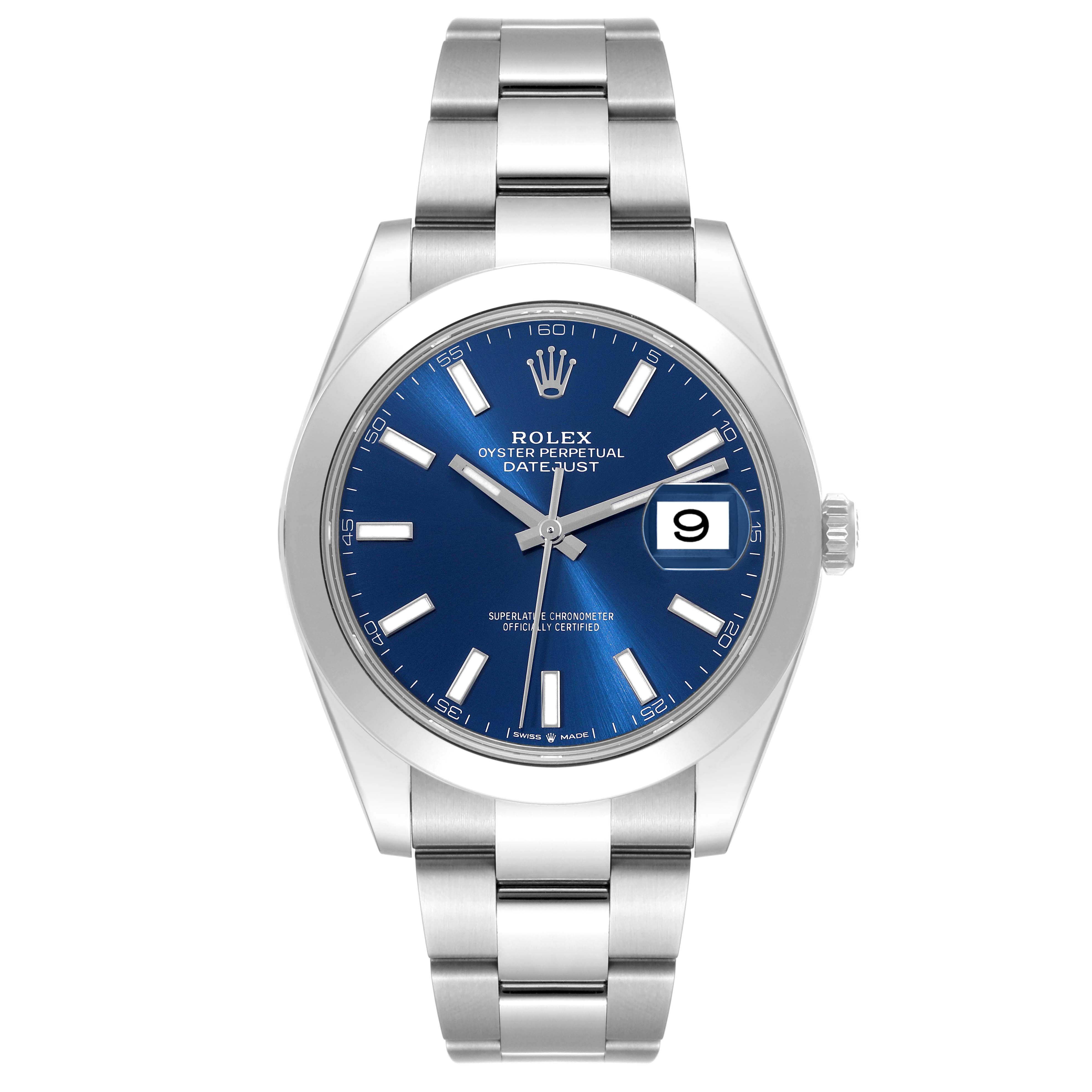 The image shows a front view of the Rolex Datejust 41 126300 Men
s Stainless Steel Blue Dial 126300 Men
s Stainless Steel Blue Dial watch with a blue dial and stainless steel bracelet.