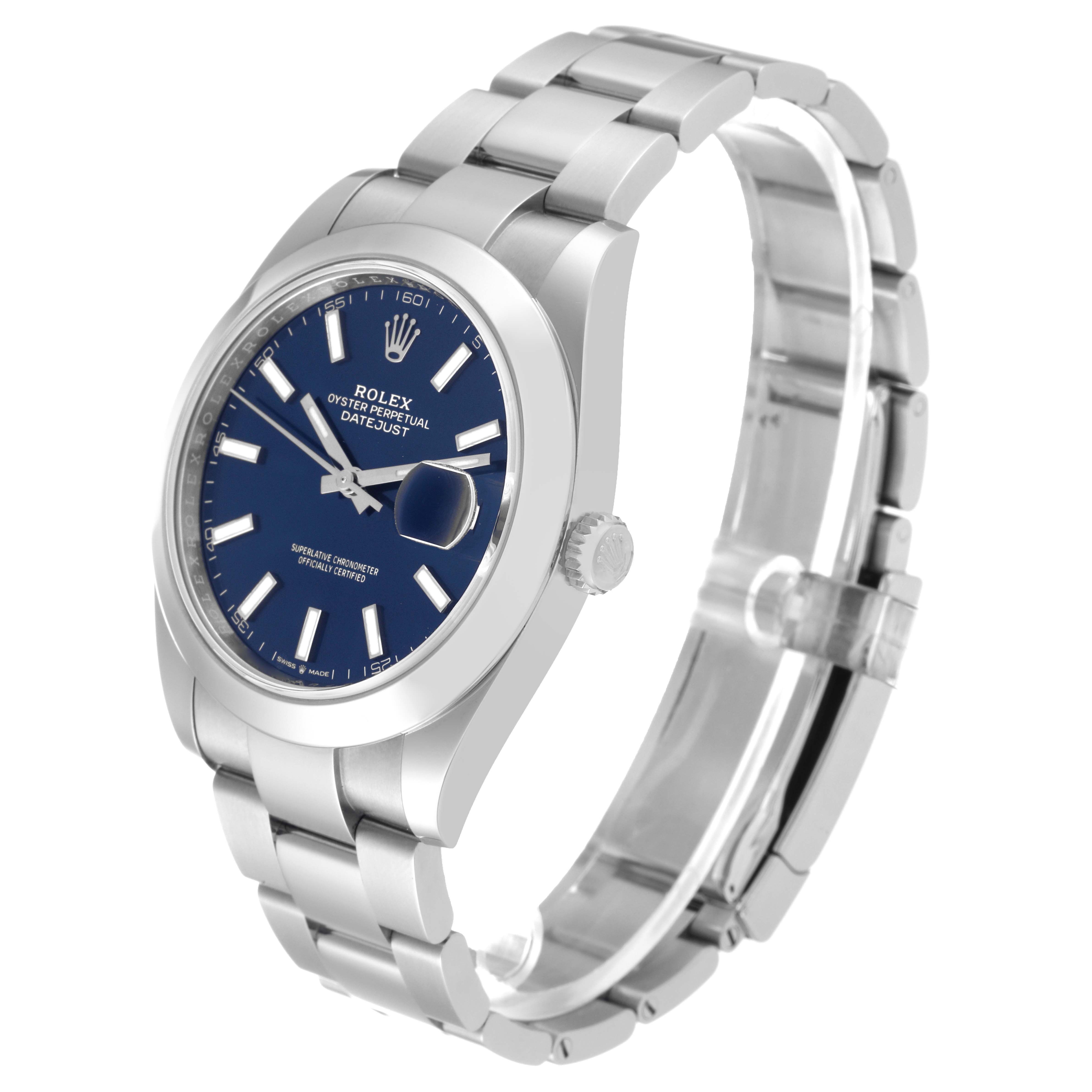 The image shows a Rolex Datejust 41 126300 Men
s Stainless Steel Blue Dial 126300 Men
s Stainless Steel Blue Dial wristwatch from a slightly left-side angle, displaying the dial, bracelet, and crown.