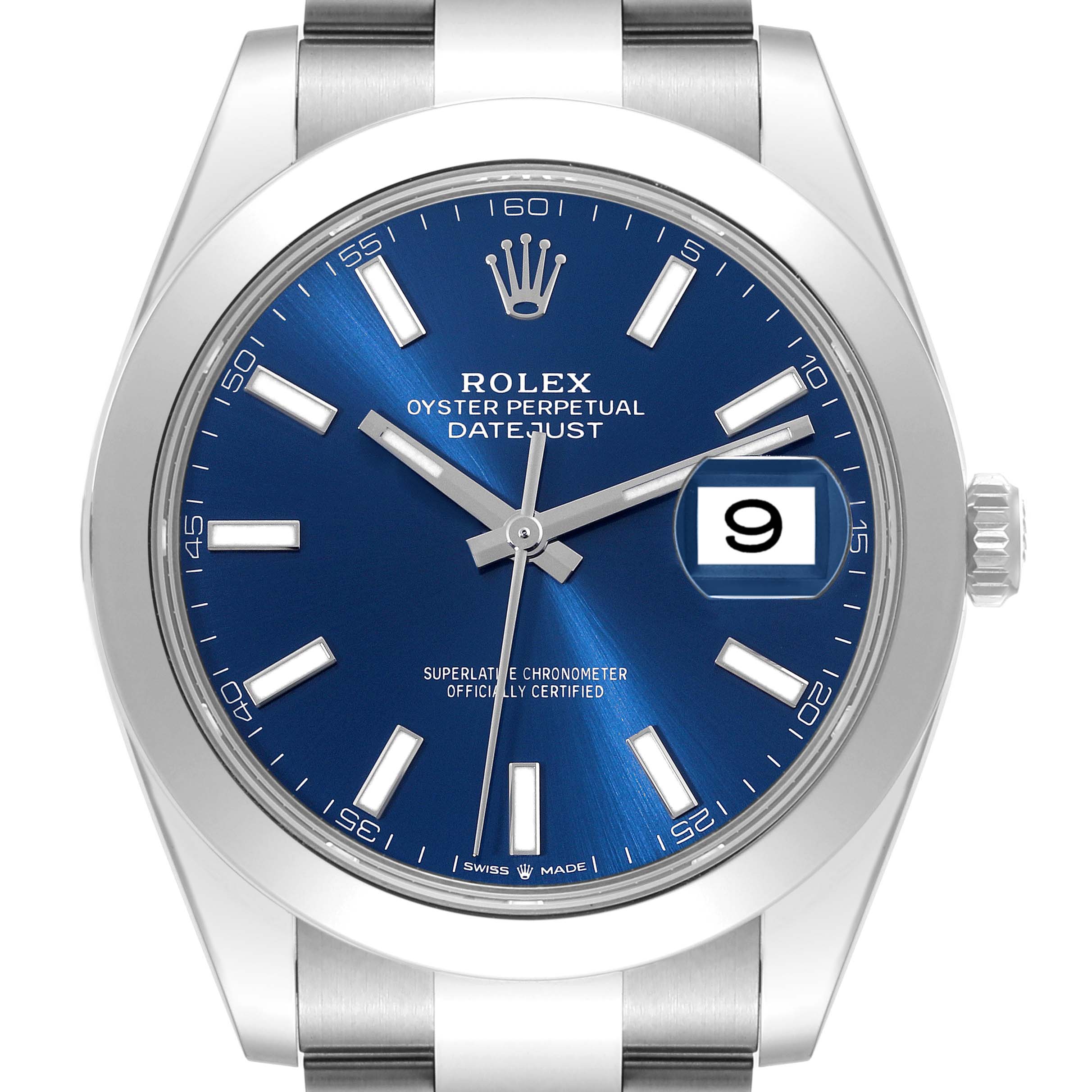 The image shows a front-facing angle of the Rolex Datejust 41 126300 Men
s Stainless Steel Blue Dial 126300 Men
s Stainless Steel Blue Dial watch, highlighting its blue dial and date window.