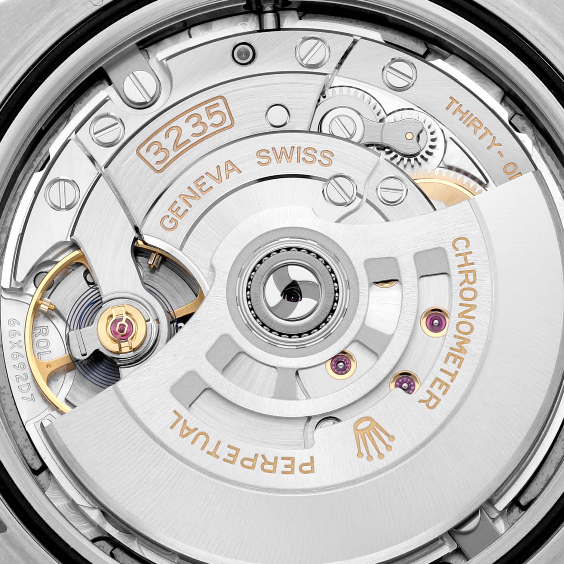 This image shows a close-up of the movement mechanism inside the Rolex Datejust 41 126300 Men
s Stainless Steel Blue Dial 126300 Men
s Stainless Steel Blue Dial watch.