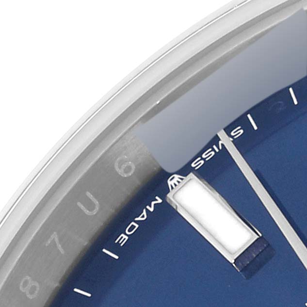 This close-up image showcases the dial and markers of a Rolex Datejust 41 126300 Men
s Stainless Steel Blue Dial 126300 Men
s Stainless Steel Blue Dial watch.