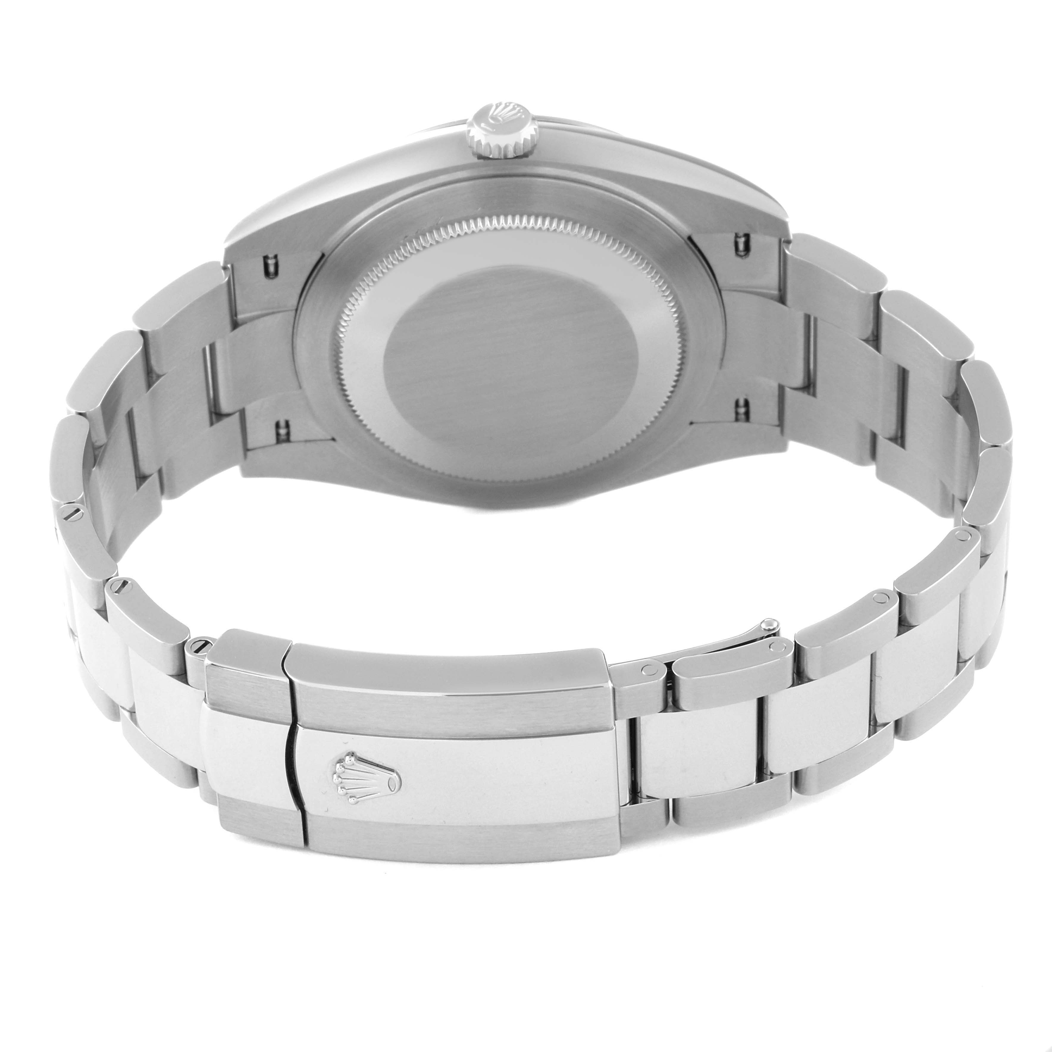 The image shows the back of the Rolex Datejust 41 126300 Men
s Stainless Steel Blue Dial 126300 Men
s Stainless Steel Blue Dial watch, highlighting the case back, crown, and stainless steel bracelet with clasp.