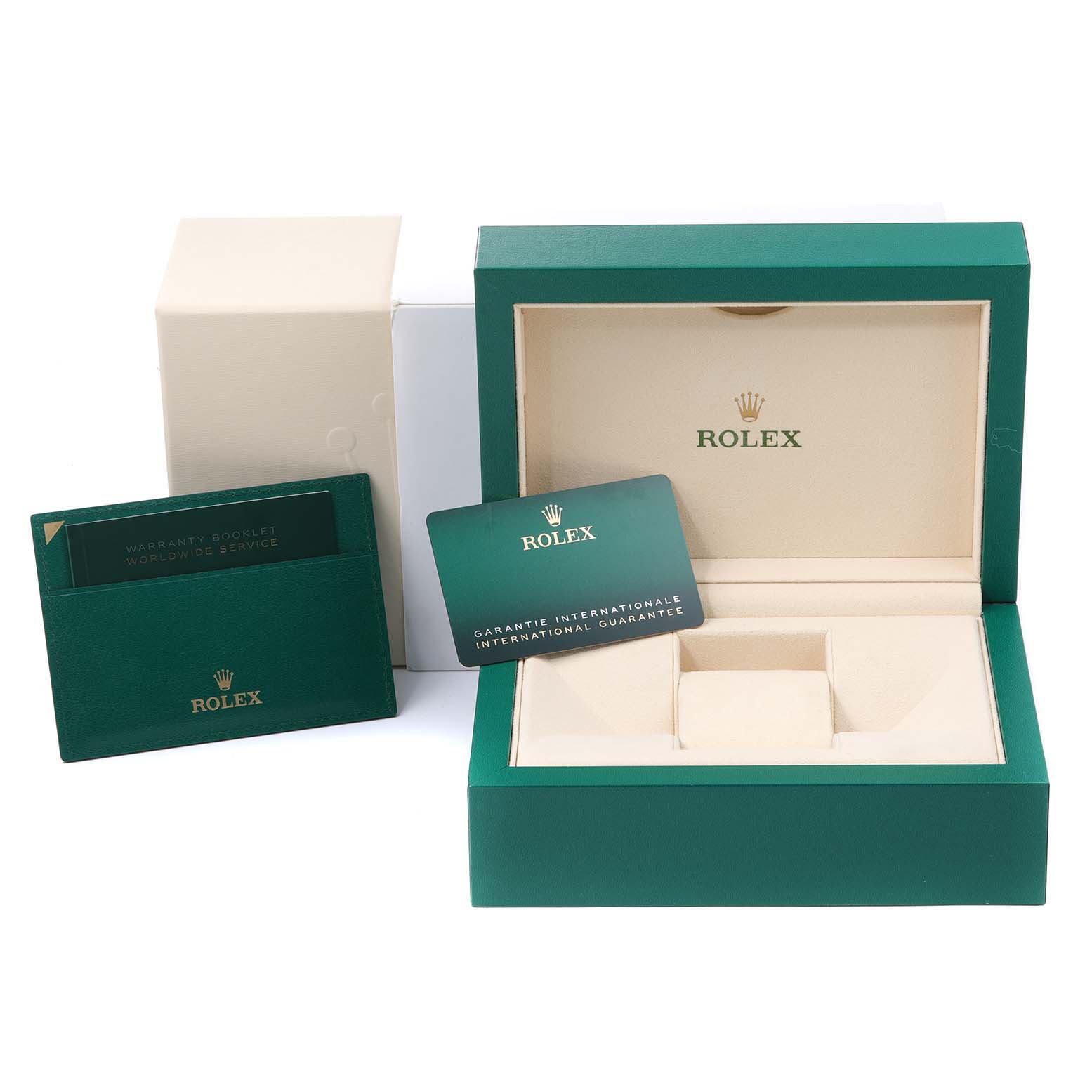 This image shows the open box, warranty booklet, and international guarantee card for a Rolex Datejust 41 126334 Men's Stainless Steel Blue Dial 126334 Men's Stainless Steel Blue Dial watch.