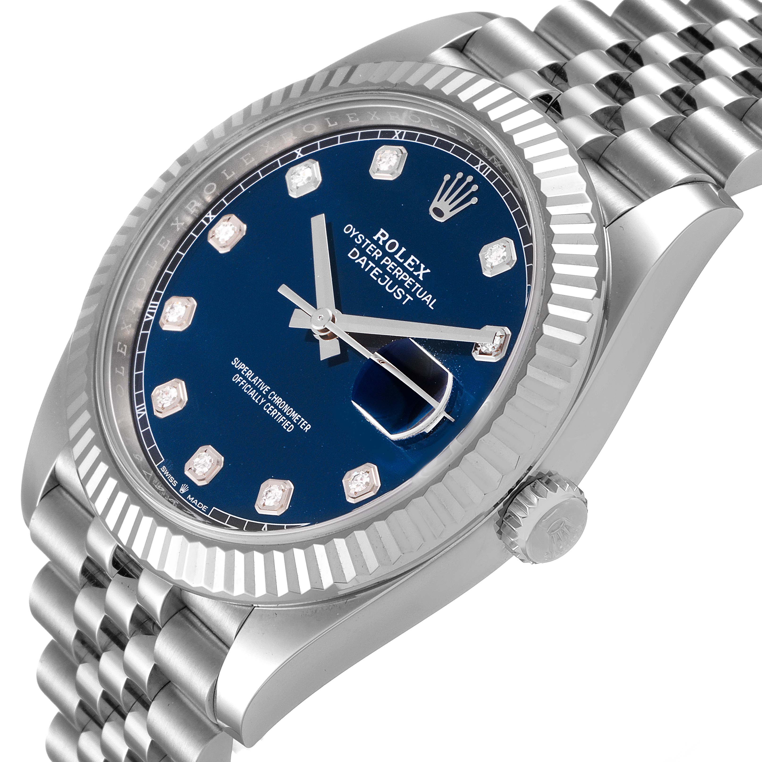 The image shows a Rolex Datejust 41 126334 Men's Stainless Steel Blue Dial 126334 Men's Stainless Steel Blue Dial watch at an angle displaying the face, bezel, bracelet, and crown.