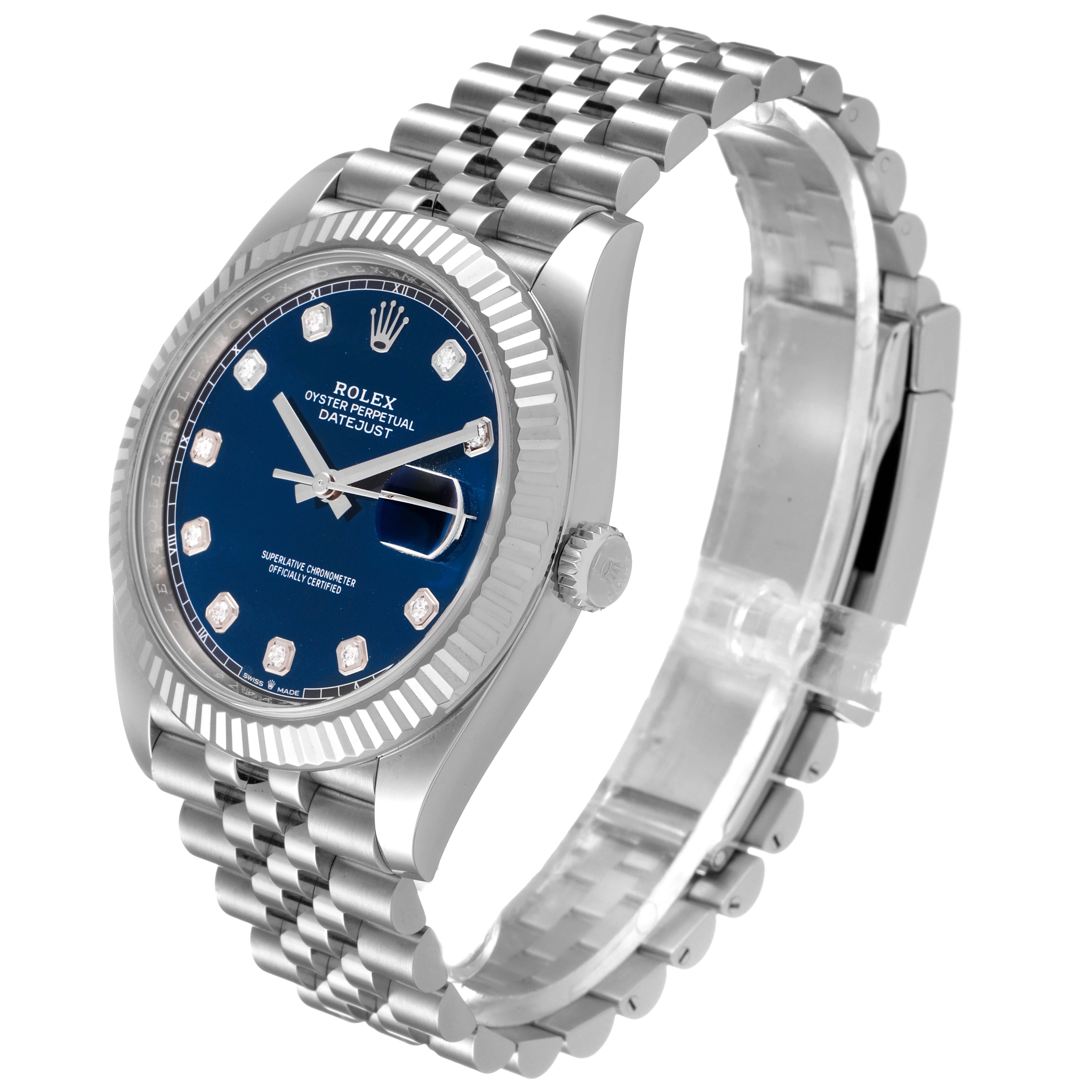 The image shows a three-quarter view of the Rolex Datejust 41 126334 Men's Stainless Steel Blue Dial 126334 Men's Stainless Steel Blue Dial watch, highlighting its case, bezel, dial, and bracelet.