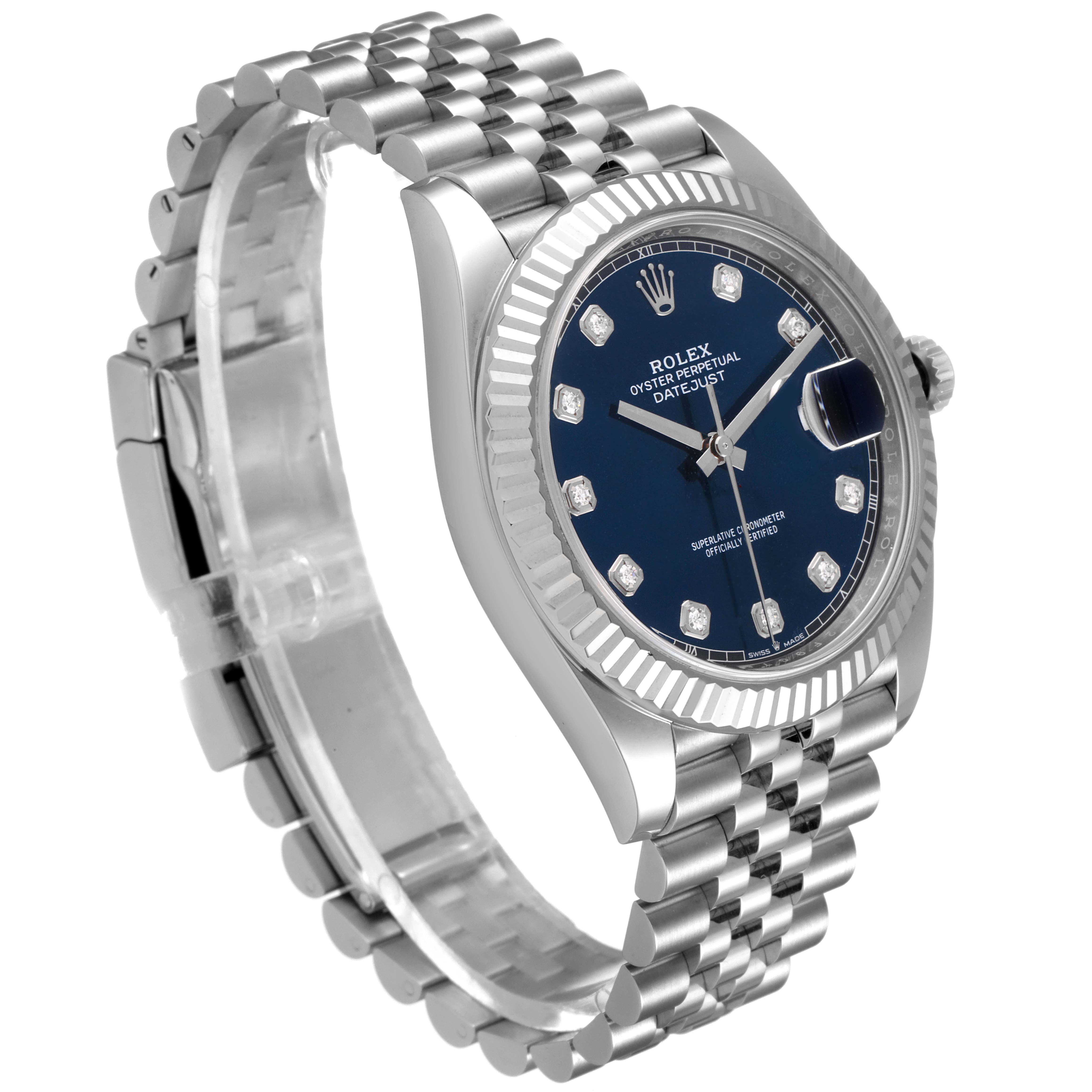 The Rolex Datejust 41 126334 Men's Stainless Steel Blue Dial 126334 Men's Stainless Steel Blue Dial watch is shown at a three-quarter angle, displaying the face, bezel, and part of the bracelet.