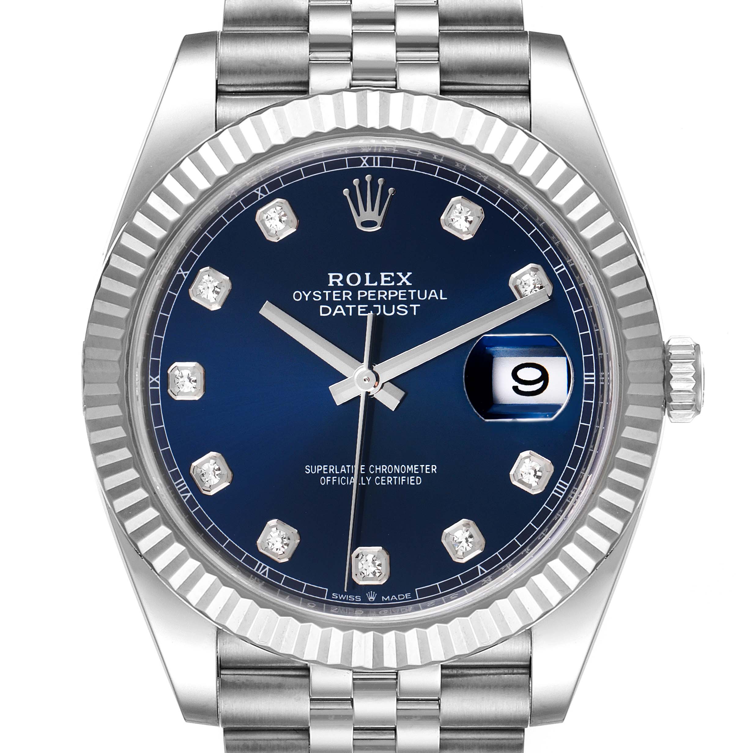 The Rolex Datejust 41 126334 Men's Stainless Steel Blue Dial 126334 Men's Stainless Steel Blue Dial watch is shown from a frontal angle, displaying its blue dial, diamond hour markers, date window, and fluted bezel.
