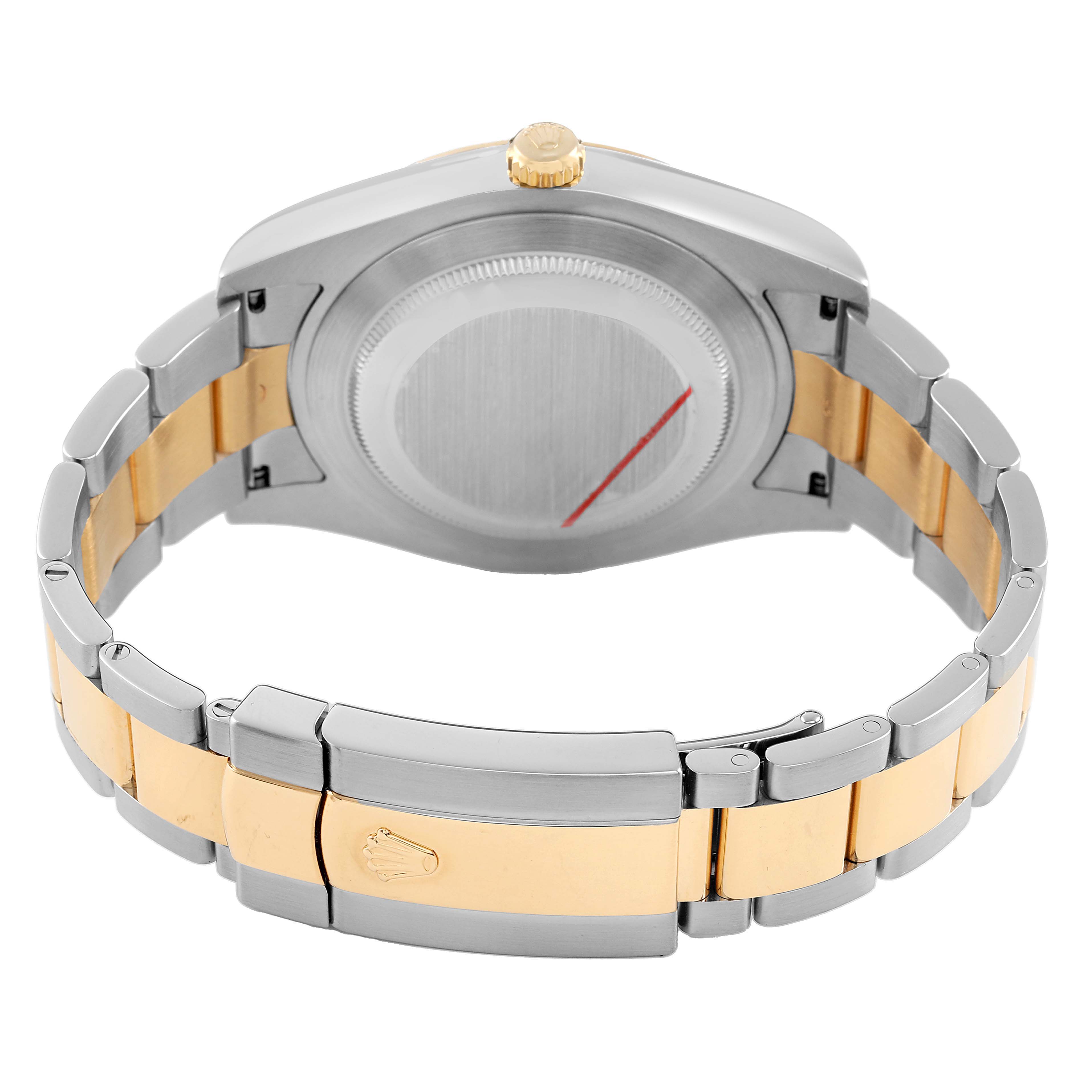 The image shows the back of a Rolex Datejust 41 116333 Men's Steel and Gold (two tone) Champagne Dial, highlighting the case back, crown, and two-tone bracelet with a clasp.