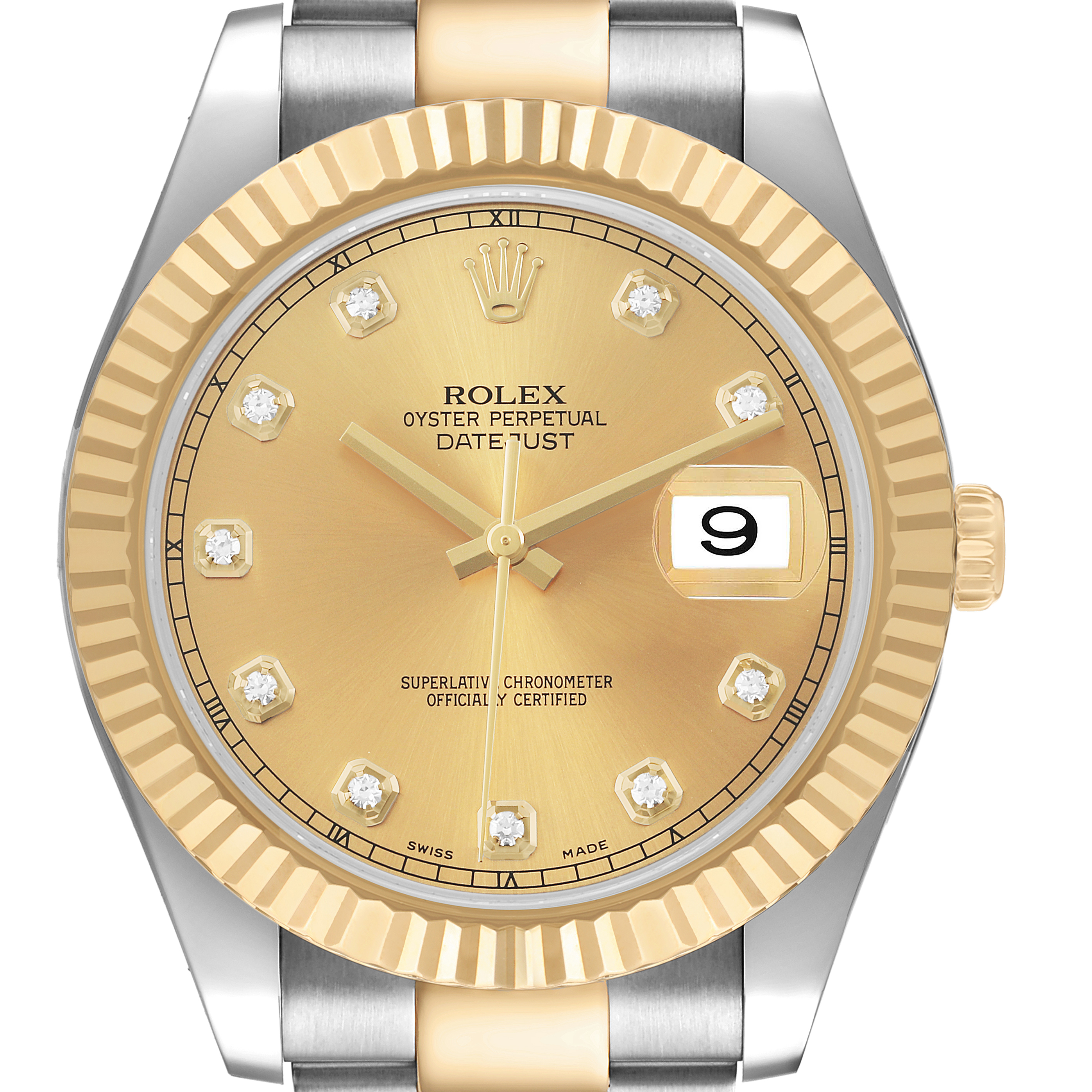 The Rolex Datejust 41 116333 Men's Steel and Gold (two tone) Champagne Dial is shown from a front-facing angle, highlighting its dial, bezel, and part of the bracelet.