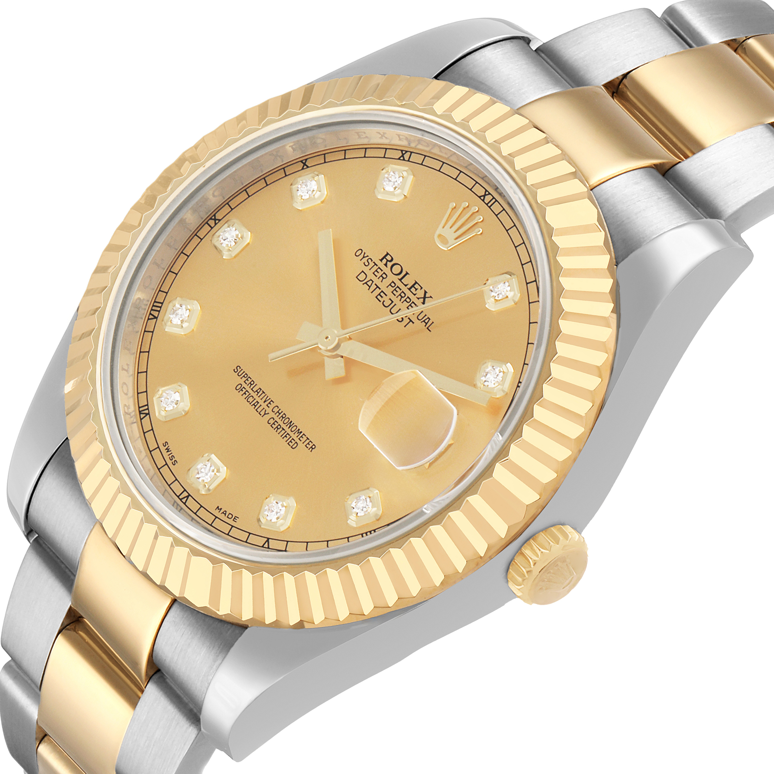 The Rolex Datejust 41 116333 Men's Steel and Gold (two tone) Champagne Dial is shown at an angled view, highlighting the gold dial, fluted bezel, diamond hour markers, and two-tone bracelet.