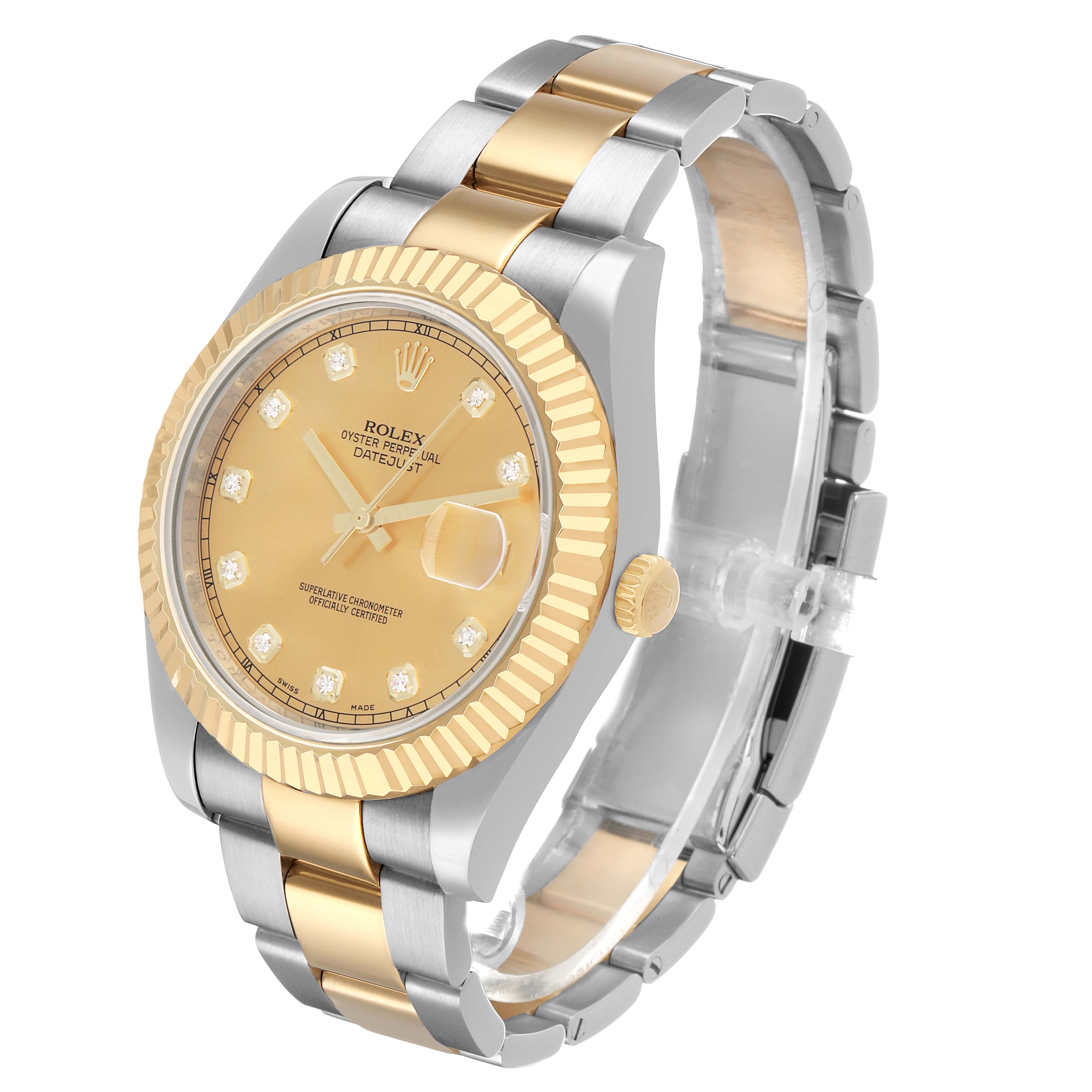 The Rolex Datejust 41 116333 Men's Steel and Gold (two tone) Champagne Dial is shown from a side angle, highlighting the dial, bezel, and bracelet.